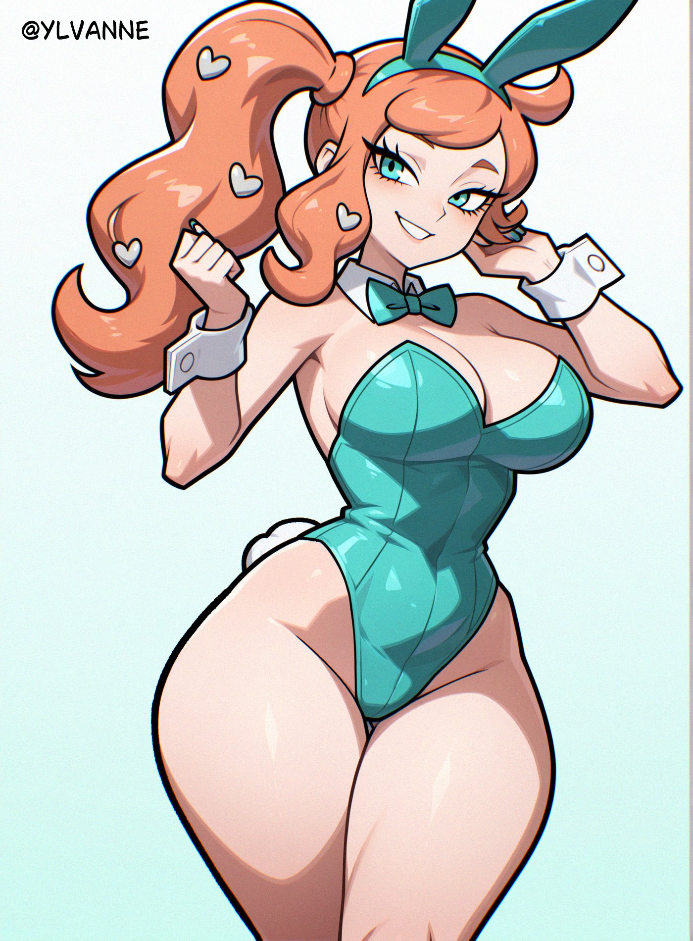 1girls, ai generated, big breasts, breasts, bunny ears, bunny girl, bunnysuit, cleavage, cuffs, detached collar, eyelashes, eyeliner, female, female only, game freak, ginger hair, light skin, light-skinned female, lipstick, long hair, makeup, nail polish, nintendo, orange hair, playboy bunny, pokemon, pokemon ss, ponytail, shiny skin, side ponytail, solo, sonia (pokemon), thighs, voluptuous, wide hips, ylvanne