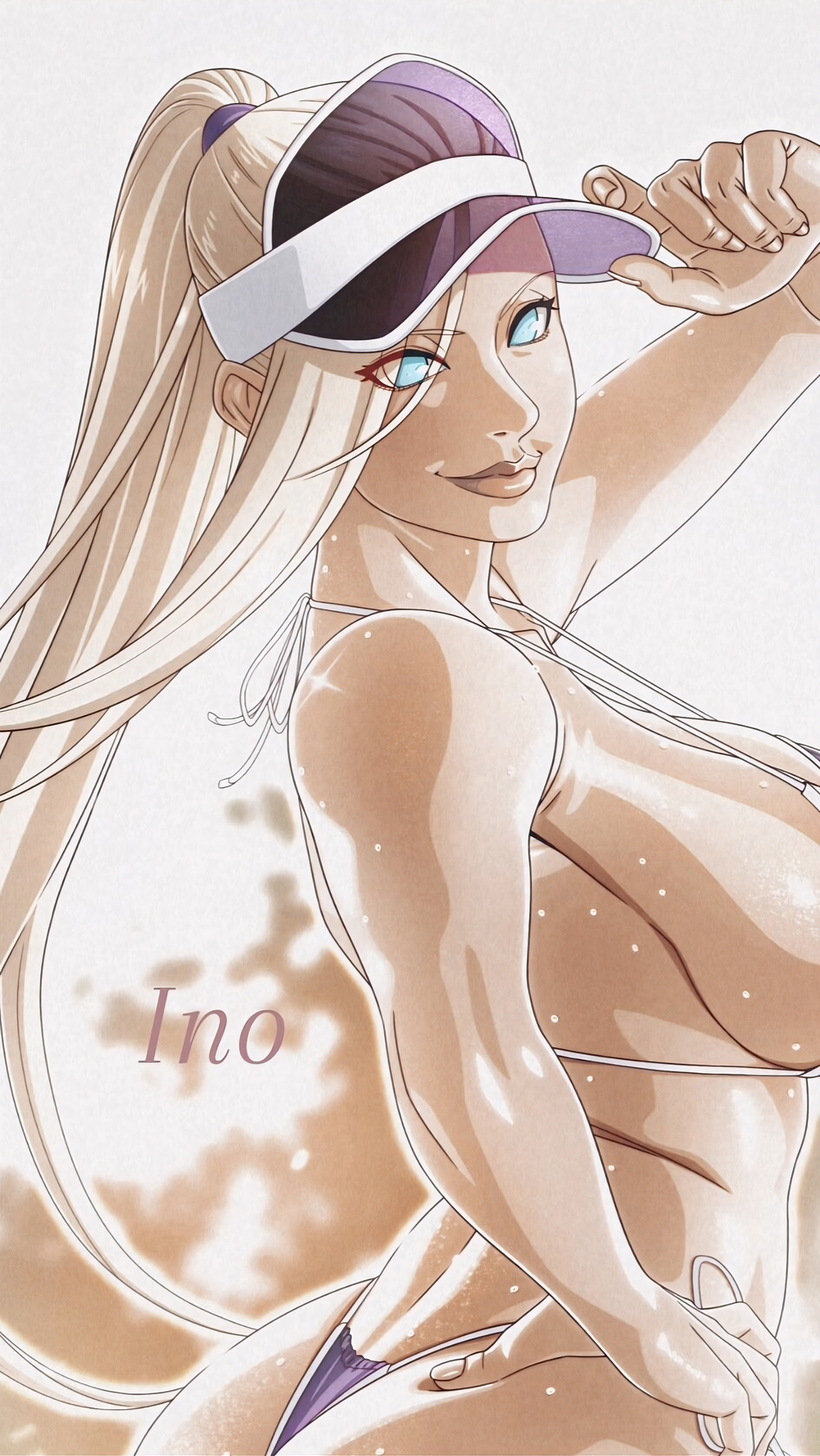 1girls, adjusting headwear, alternate version available, arched back, ass, bare back, bare shoulders, big ass, big breasts, bikini, bikini bottom, bikini top, blonde hair, blue eyes, bottomwear, breasts, character name, english, english text, female, female only, hair, hat, headwear, high resolution, hourglass figure, hourglass figured female, huge breasts, ino yamanaka, large breasts, lips, lipstick, looking to the side, makeup, naruto, naruto (series), naruto shippuden, naruto: the last, pinup, ponytail, pose, posing, posing for picture, posing for the viewer, pupilless eyes, purple bikini, saburo des, sagging breasts, seducing, seductive, seductive body, seductive eyes, seductive gaze, seductive look, seductive mouth, seductive pose, seductive smile, sexy, sexy body, sexy female, sexy pose, shounen jump, side view, side-tie bikini, side-tie bikini bottom, sideboob, smile, smirk, solo, solo female, sparkles, swimwear, teen, teen with milf body, teenage girl, teenager, text, tied hair, topwear, very long hair, visor, visor cap, voluptuous, voluptuous body, voluptuous female, voluptuous teenager, watermark, wedgie, weekly shonen jump