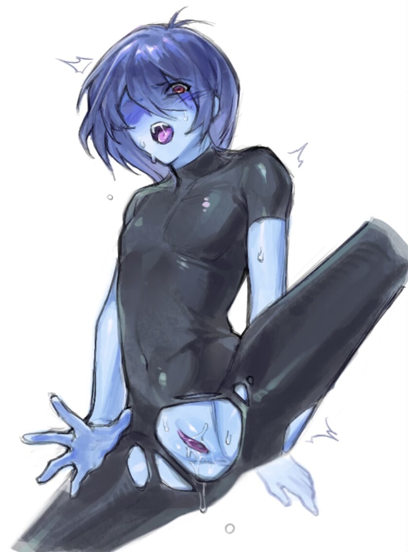 blue skin, deltarune, female, flat chest, human, kris (dark world form), kris (deltarune), kris female (deltarune), open mouth, pain keeper, pussy, pussy juice, ripped clothing, saliva, spread legs, sweat, undertale (series), vagina