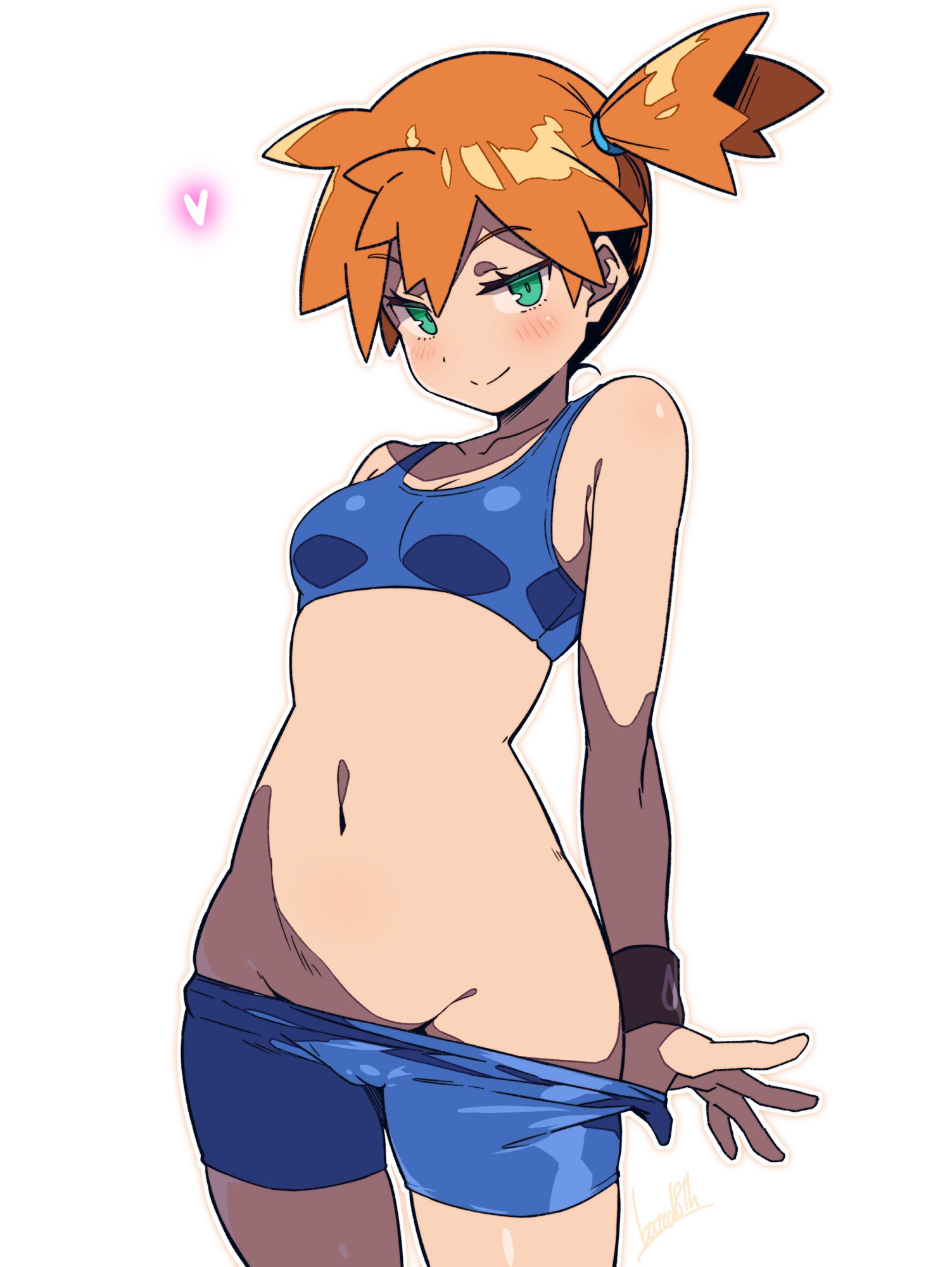 artist name, batta 16-sei, bike shorts, breasts, closed mouth, female, groin, highres, kasumi (pokemon), looking at viewer, misty (pokemon frlg), navel, nintendo, orange hair, pokemon, pokemon (anime), short hair, side ponytail, simple background, small breasts, smile, solo, white background