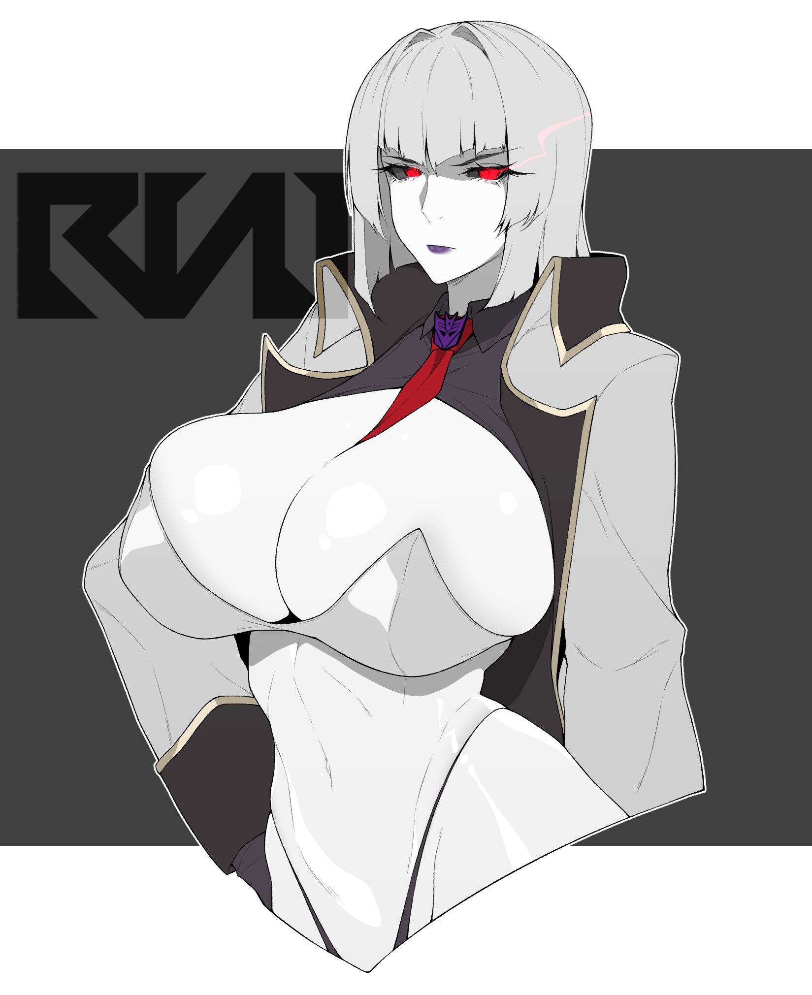 black gloves, black sclera, breasts, cero rains, cleavage, collared jacket, colored sclera, decepticon, female, genderswap (mtf), gloves, highleg, highleg panties, highres, jacket, large breasts, megatron, megatron (kotobukiya bishoujo), necktie, pale skin, panties, personification, purple lips, red eyes, rule 63, short hair, simple background, solo, transformers, underwear