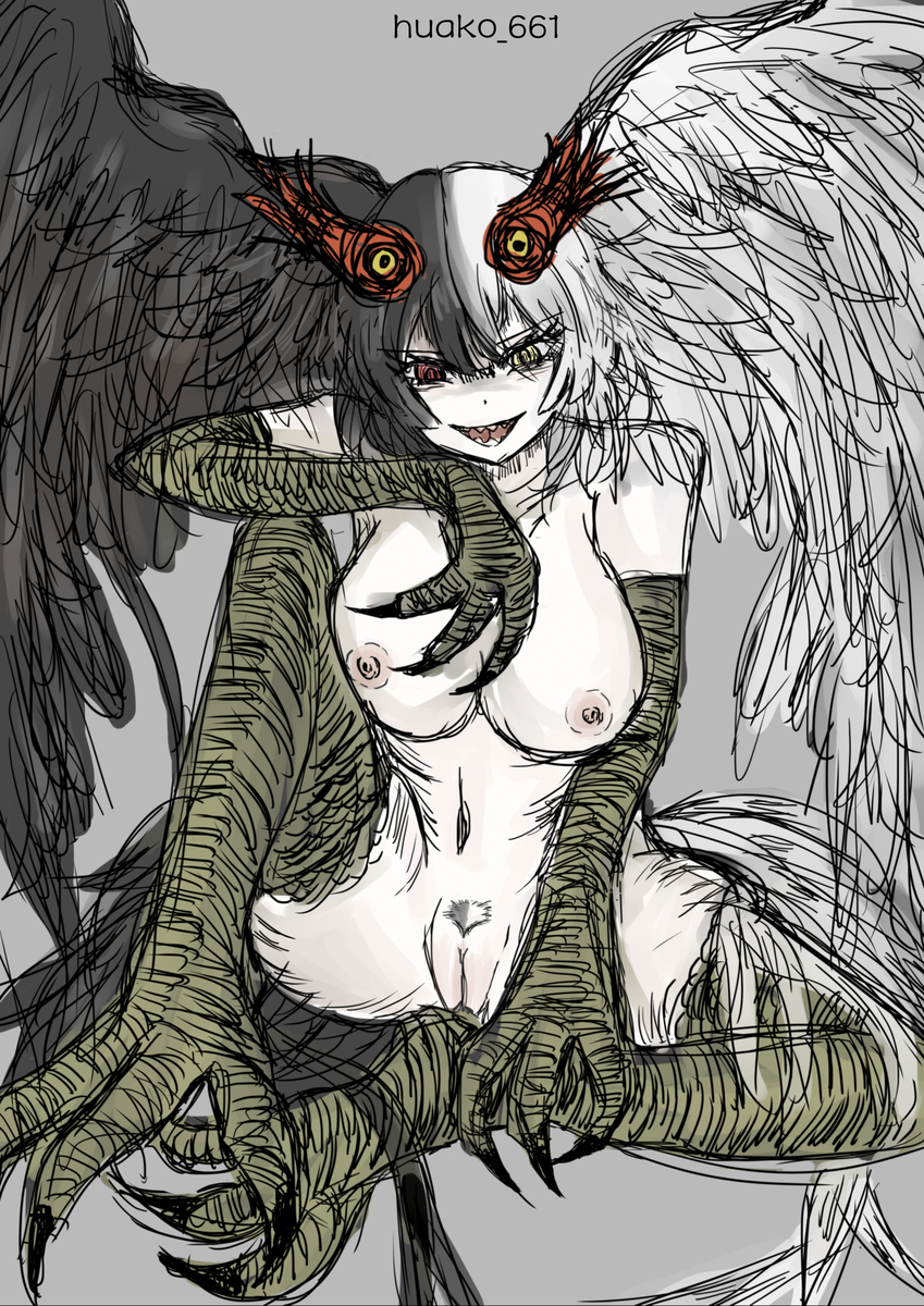 black souls, black souls 2, claws, female, heterochromatic eyes, heterochromia, huako 661, jubjub (black souls), naked, naked female, nipples, red eye, talons, teeth, yellow eye