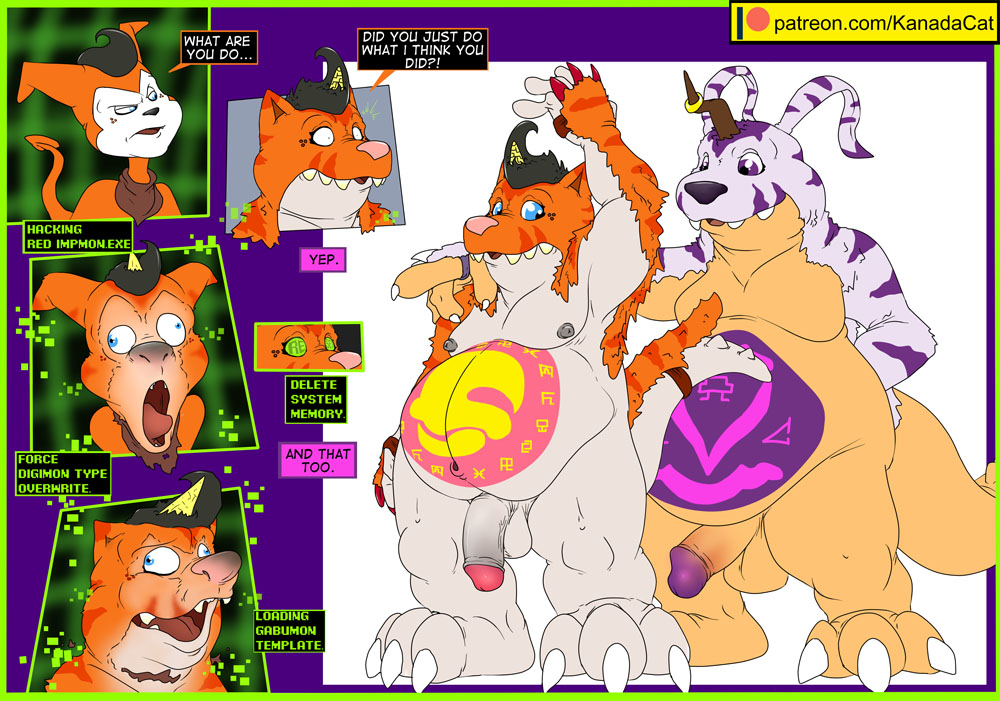 animal_skin anthro balls black_hair black_nose blue_eyes claws digimon digimon_(species) freckles fur gabumon genitals hair horn impmon kanada kanada_(character) male mind_control nipples orange_body orange_fur penis pink_nose purple_body purple_eyes purple_fur ring spiked_tail spikes teeth toe_claws transformation white_body yellow_body