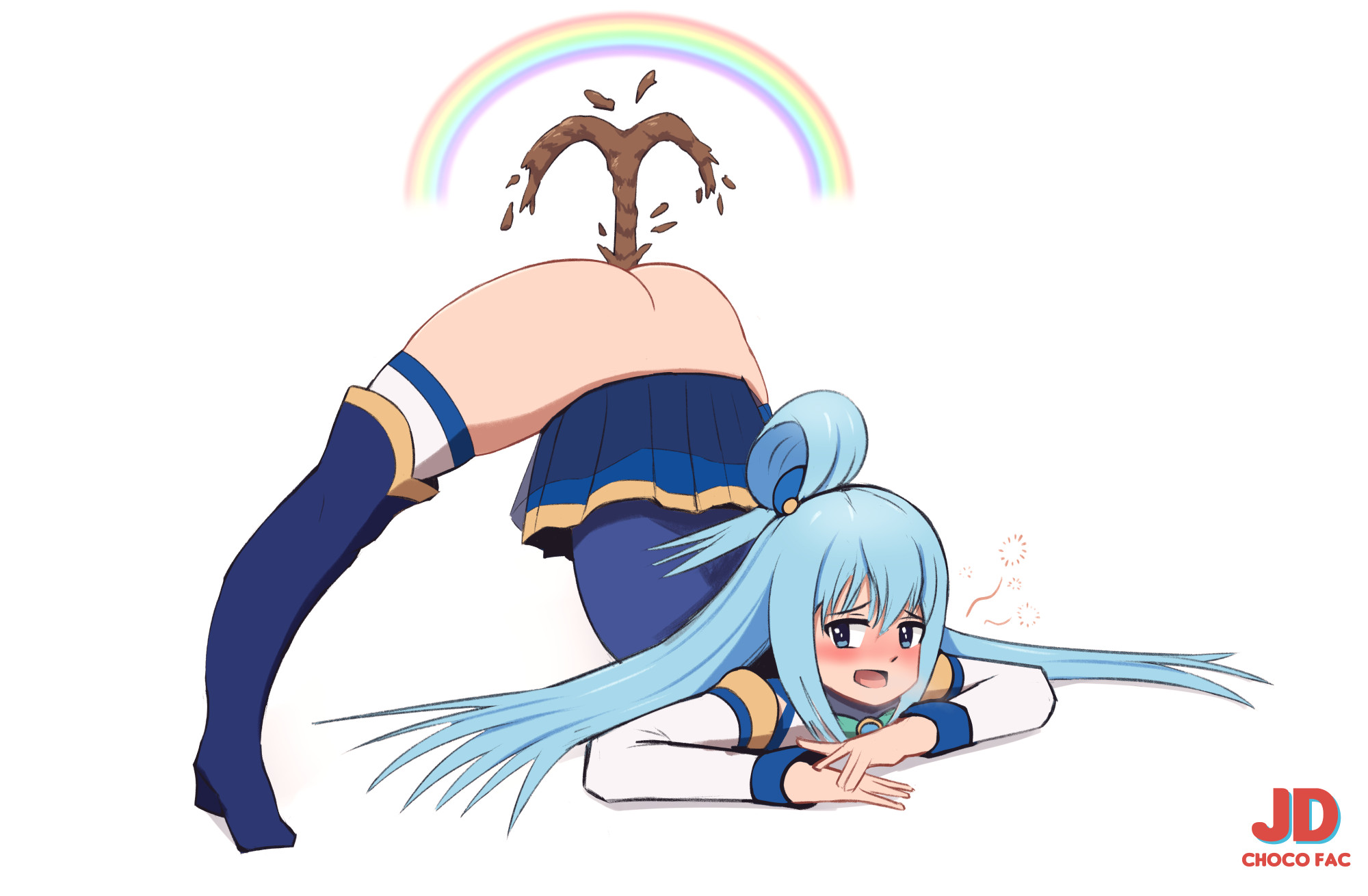 aqua (konosuba), ass, bare ass, blue hair, boots, defecating, dirty anus, dirty ass, dress, female, flexible, goddess, jd (artist), kadokawa corporation, kono subarashii sekai ni shukufuku wo!, long hair, ponytail, scat, smelly anus, smelly ass, stinky anus, stinky ass, studio deen, turd, young, young female