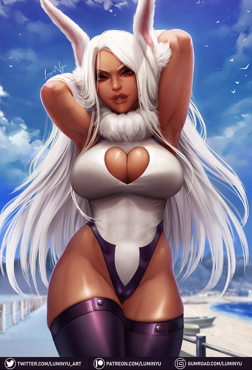 1girls, armpits, arms behind back, arms up, big breasts, breasts, brown body, brown skin, bunny, bunny ear, bunny ears, bunny girl, cleavage, clothed, clothing, dark skin, dark-skinned female, female, female human, female only, full lips, hero outfit (mha), human, kemonomimi, large breasts, leotard, looking at viewer, luminyu, mature female, miruko, muscles, muscular, muscular female, my hero academia, rabbit ears, red eyes, rumi usagiyama, solo, solo focus, standing, superhero costume, superheroine, tagme, thick thighs, thighhighs, thighs, tight clothing, tight fit, variant set, white fur, white hair