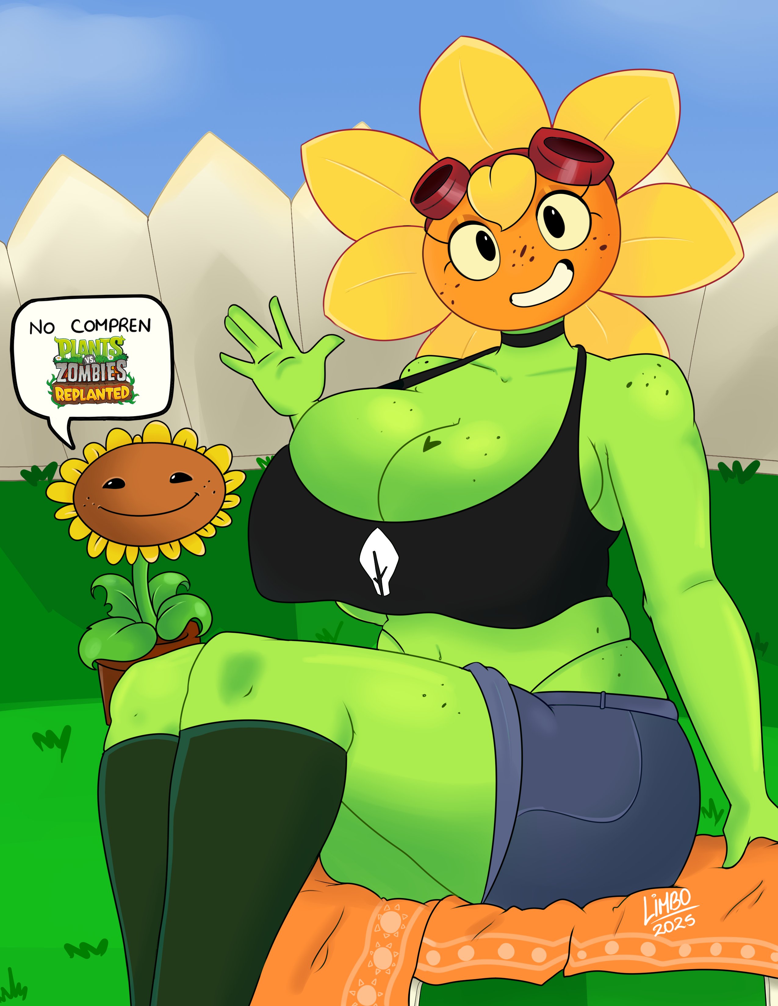1girls, 2025, 2d, adorable, adorable face, anthro, ass, ass bigger than head, big ass, big breasts, big thighs, black shirt, breasts, breasts bigger than head, choker, clothed, clothing, cute, cute face, detailed background, dialogue, female, gigantic ass, gigantic breasts, gigantic thighs, green body, huge ass, huge breasts, huge thighs, humanoid, hyper, hyper ass, hyper breasts, hyper thighs, legs crossed, limboday050, looking at viewer, plant, plant girl, plants vs zombies, plants vs zombies: heroes, plants vs zombies: replanted, shorts, sitting, smile, smiling, smiling at viewer, solar flare (pvz), solo, solo female, sunflower, sunflower (pvz), talking, talking to viewer, tank top, text, thick thighs, thighhighs, thighs, thong, tummy, waving, waving at viewer, yellow hair