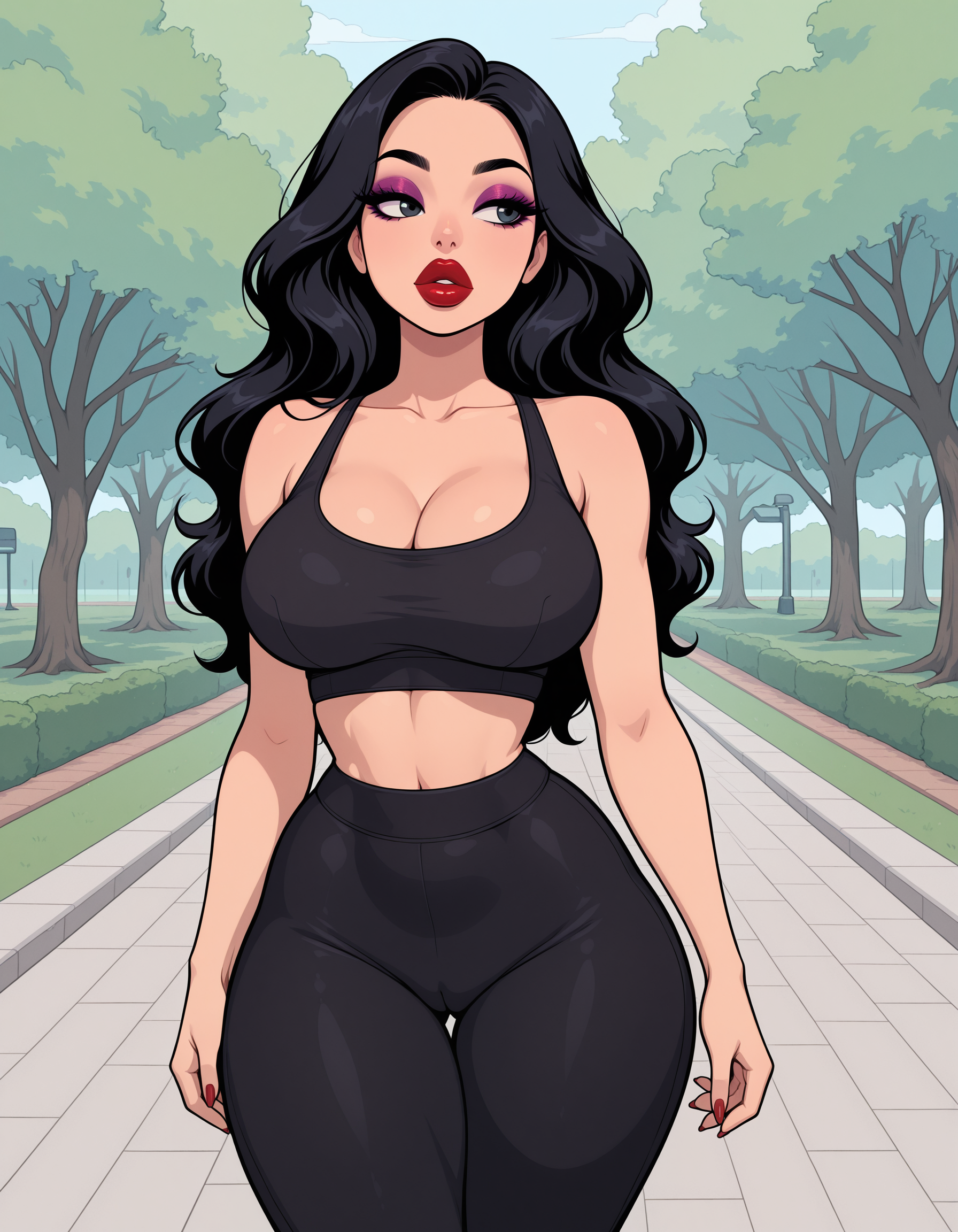 1girls, absurd res, ai generated, big breasts, bimbo, black hair, boobs, boobs focus, breasts, breasts focus, cameltoe, cleavage, curvy, eyelashes, eyeshadow, face focus, female, female front angle, female front-view, female only, large breasts, light-skinned female, lips, lipstick, looking away, megazard, outdoors, park, plump lips, red lipstick, solo, sports bra, thick thighs, thigh gap, upper body front view, walking, wavy hair, wide hips, yoga pants
