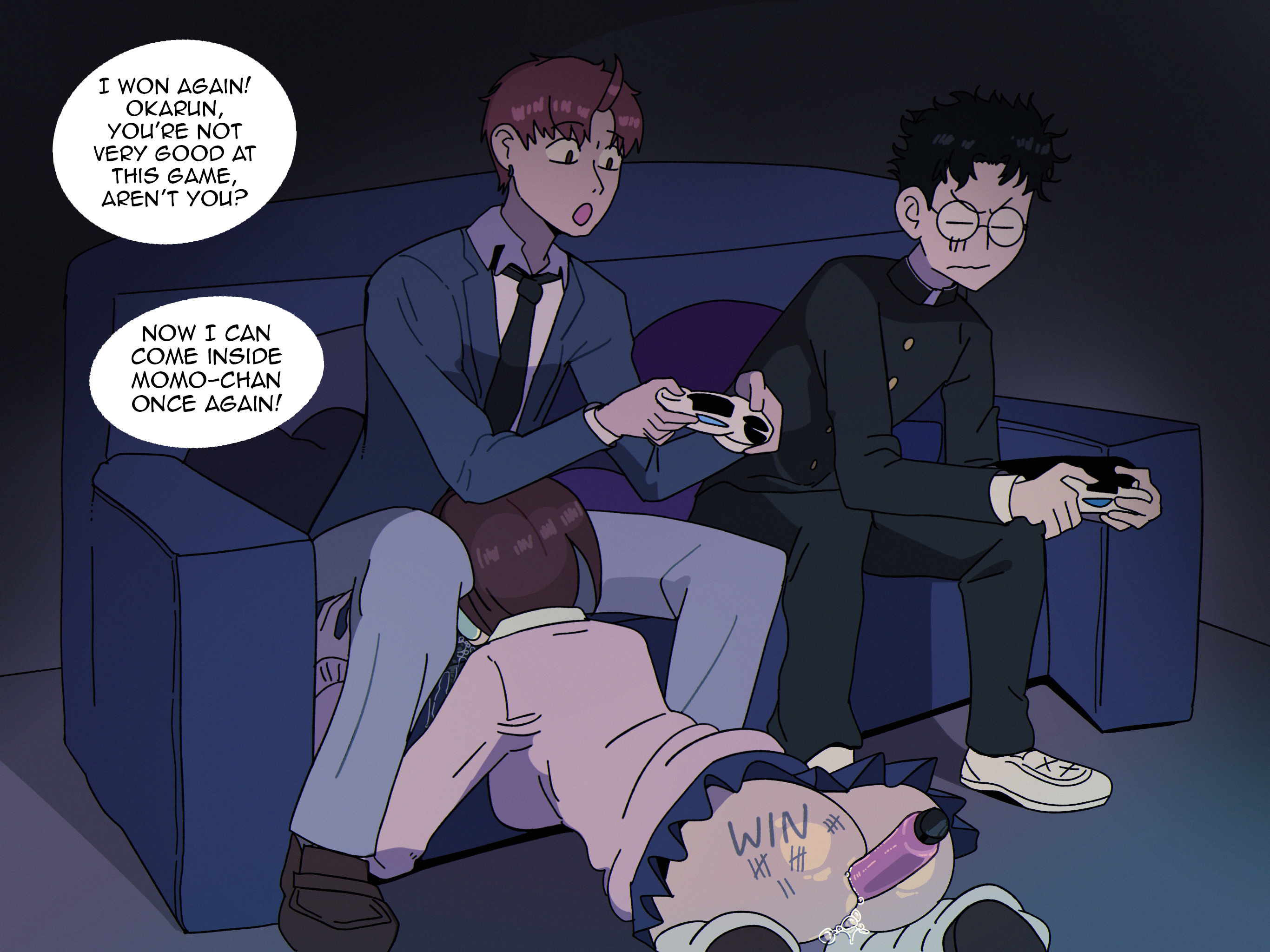 1girls, 2boys, ayase momo, black hair, black-haired male, blowjob, brown hair, brown-haired female, clothed, cuckold, cum, cum in pussy, dandadan, deepthroat, dildo, dildo in ass, female, jin enjoji, netorare, oral support, pussy, red hair, red-haired male, takakura ken (okarun), wolfgang bang, writing on body