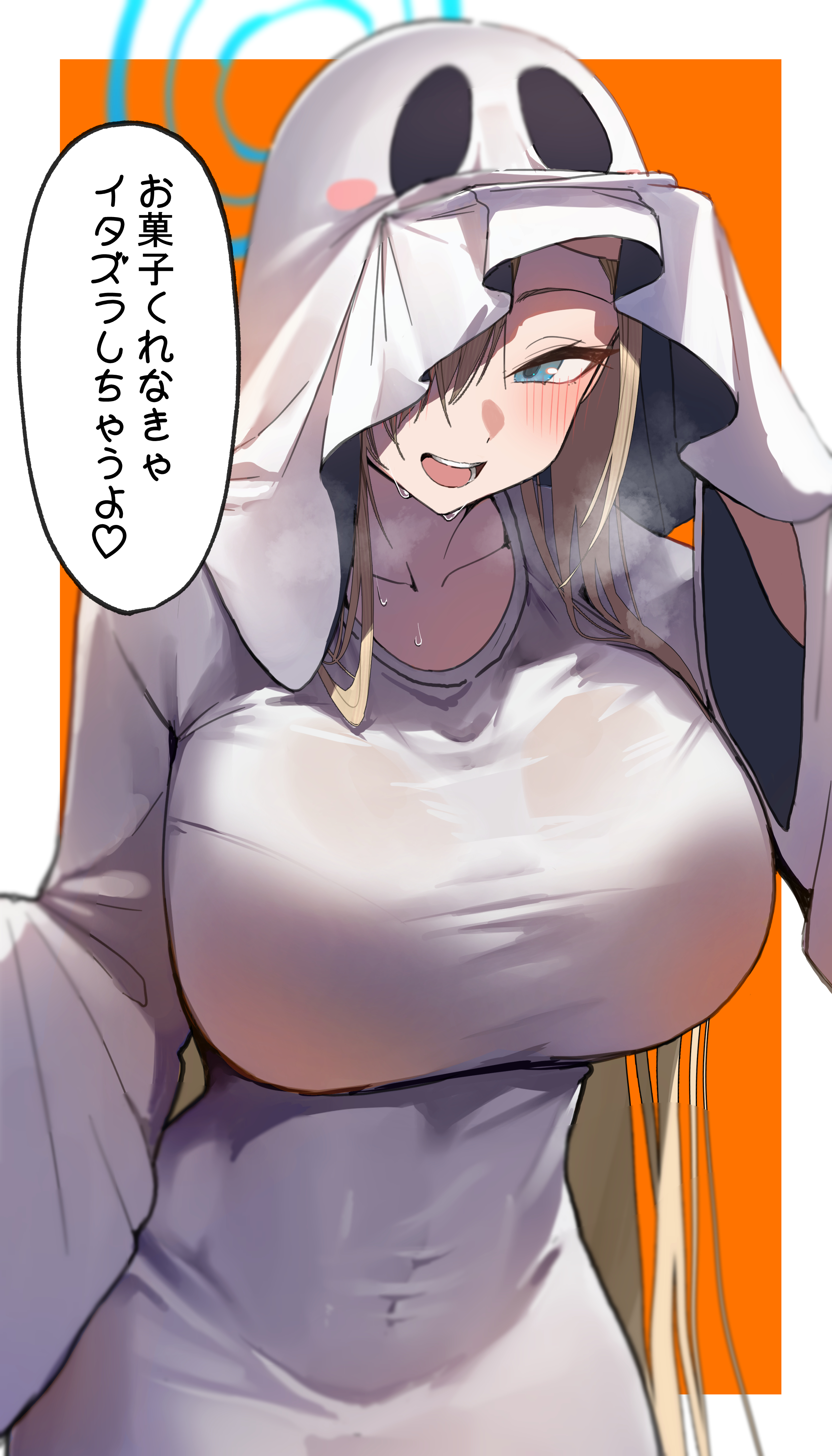 absurdres, asuna (blue archive), blonde hair, blue archive, blue eyes, blue halo, blush, breasts, cosplay, dress, female, ghost costume, ghost girl (niyeye2019), ghost girl (niyeye2019) (cosplay), ghost mask, hair over one eye, halloween, halloween costume, halo, highres, large breasts, long hair, looking at viewer, open mouth, sheet ghost, shiro marimo, sleeves past fingers, sleeves past wrists, smile, solo, tight clothes, tight dress, very long hair, white dress