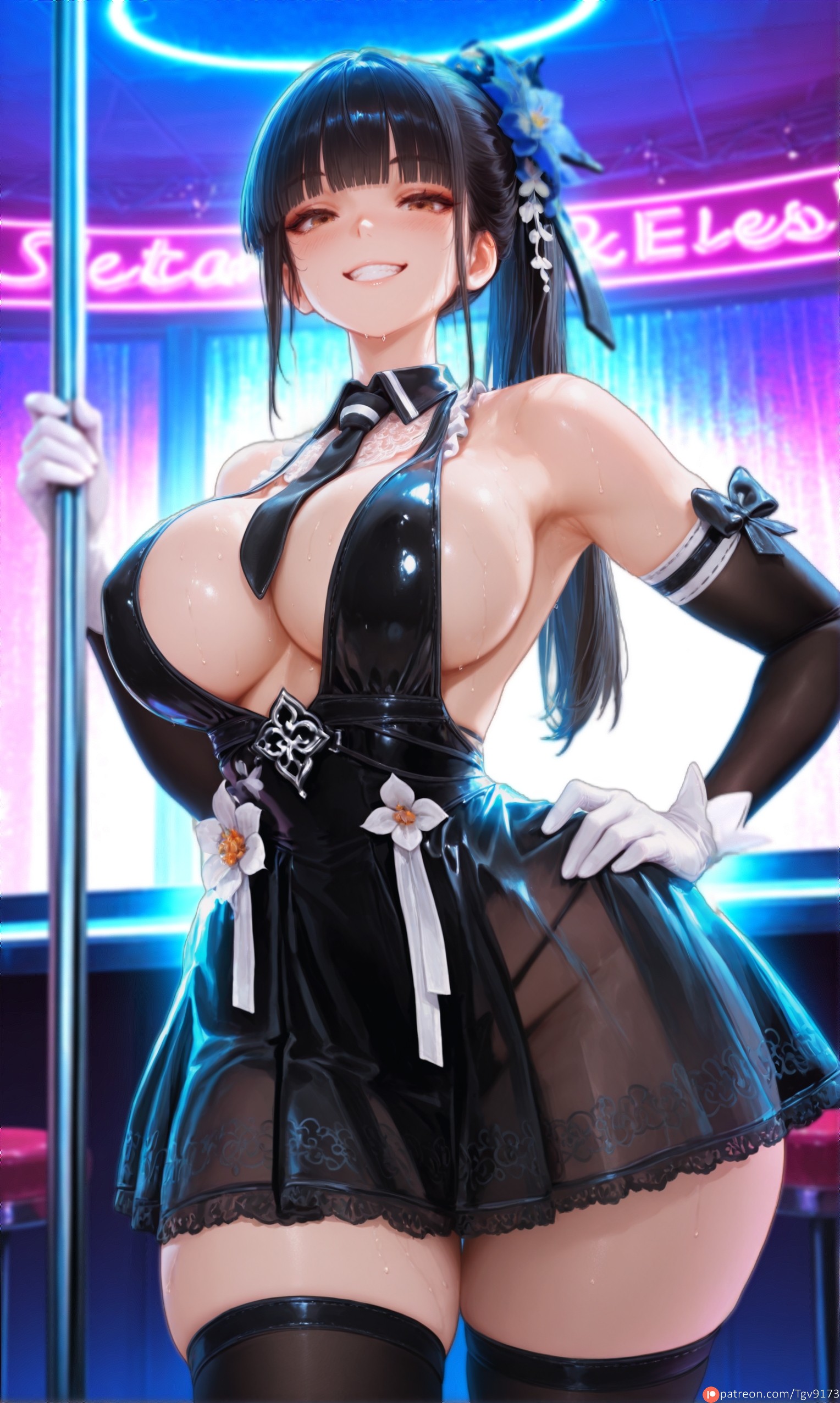 ai generated, armpits, bangs, bare shoulders, black dress, black hair, black necktie, black panties, black thighhighs, blunt bangs, blush, breasts, brown eyes, cleavage, commission, covered nipples, cowboy shot, detached collar, dress, elbow gloves, eve (stellar blade), female, flower, gloves, grin, hair flower, hair ornament, hand on hip, holding, large breasts, long hair, looking at viewer, necktie, panties, ponytail, see-through, shiny, side ponytail, sideboob, skindentation, smile, solo, stellar blade, string panties, stripper, sweat, teeth, tgv9173, thick thighs, thighhighs, thighs, underwear, white gloves
