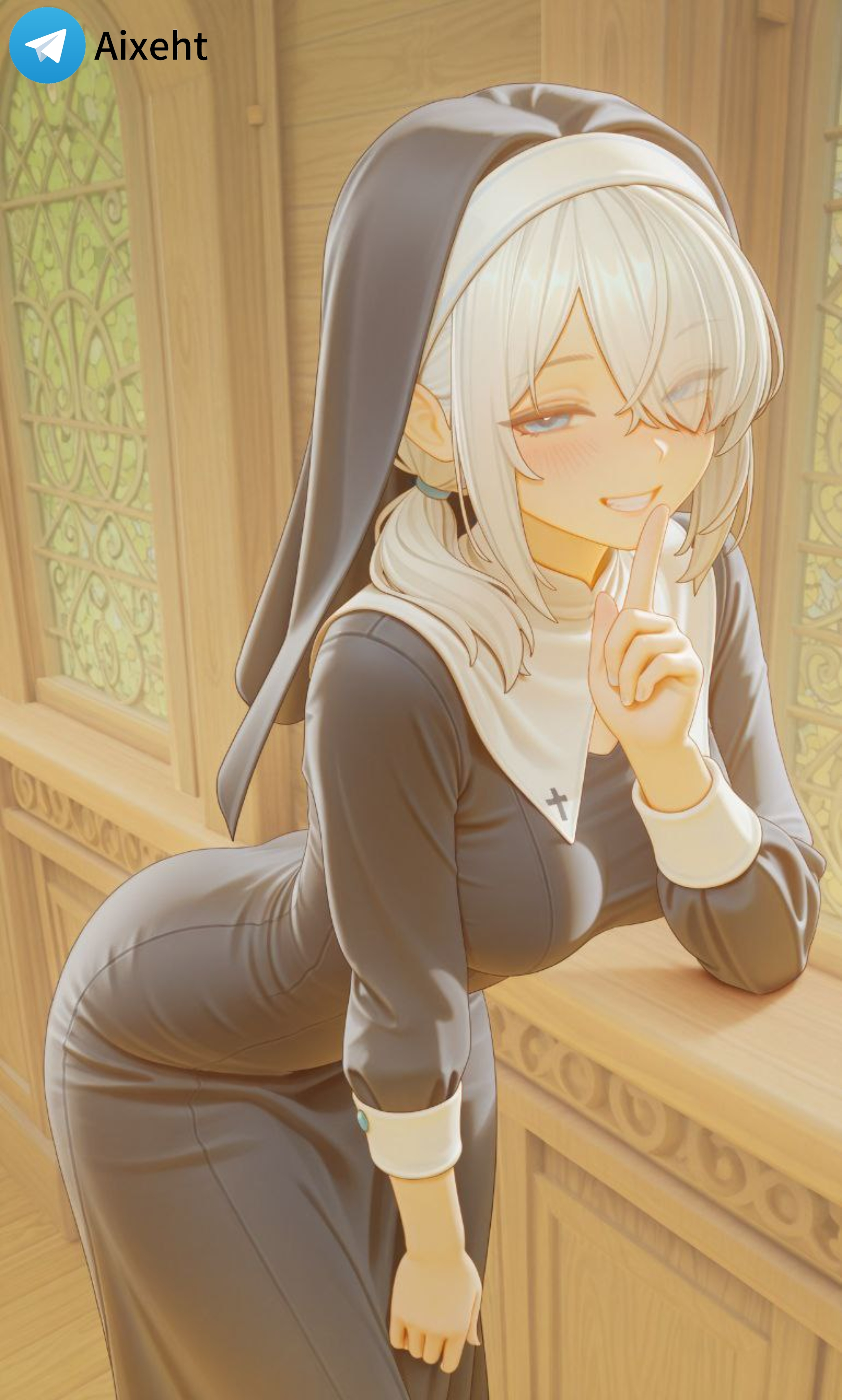 ai generated, blush, brawl stars, breasts, colette (brawl stars), cosplay, female, half-closed eyes, medium breasts, nun outfit, slender body