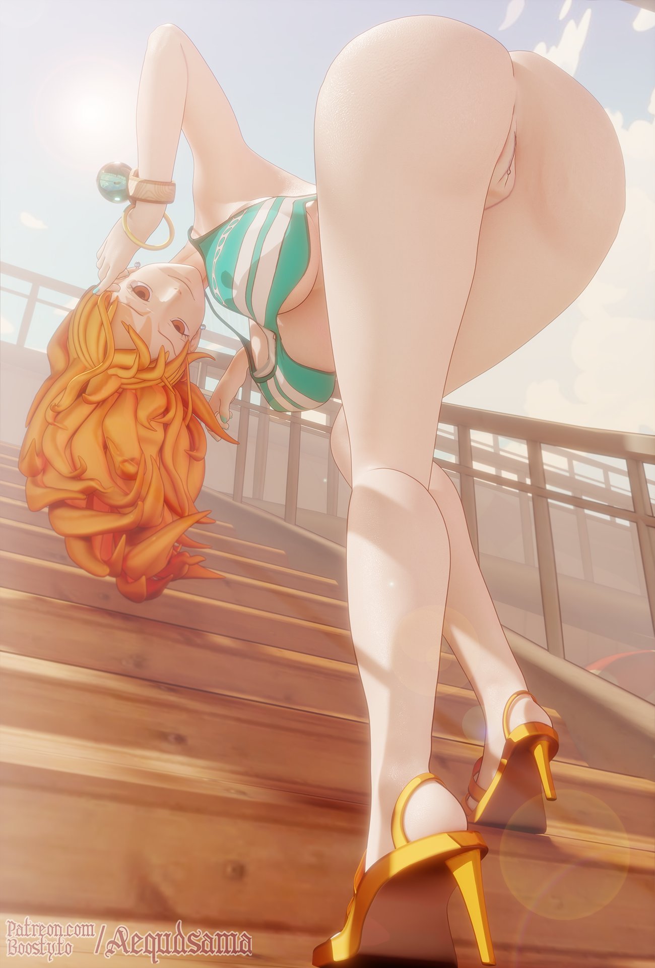 1girls, 2025, 3d, 3d (artwork), 3d model, aequd, aequdsama, ass, bikini, bikini top, bracelet, bracelets, clitoris, female, female only, heels, light skin, light-skinned female, log pose, looking at viewer, nami (one piece), no panties, one piece, open toe shoes, orange eyes, orange eyes female, orange hair, orange hair female, orange-haired female, pussy, solo female, striped bikini, tagme, viewed from behind, viewed from below