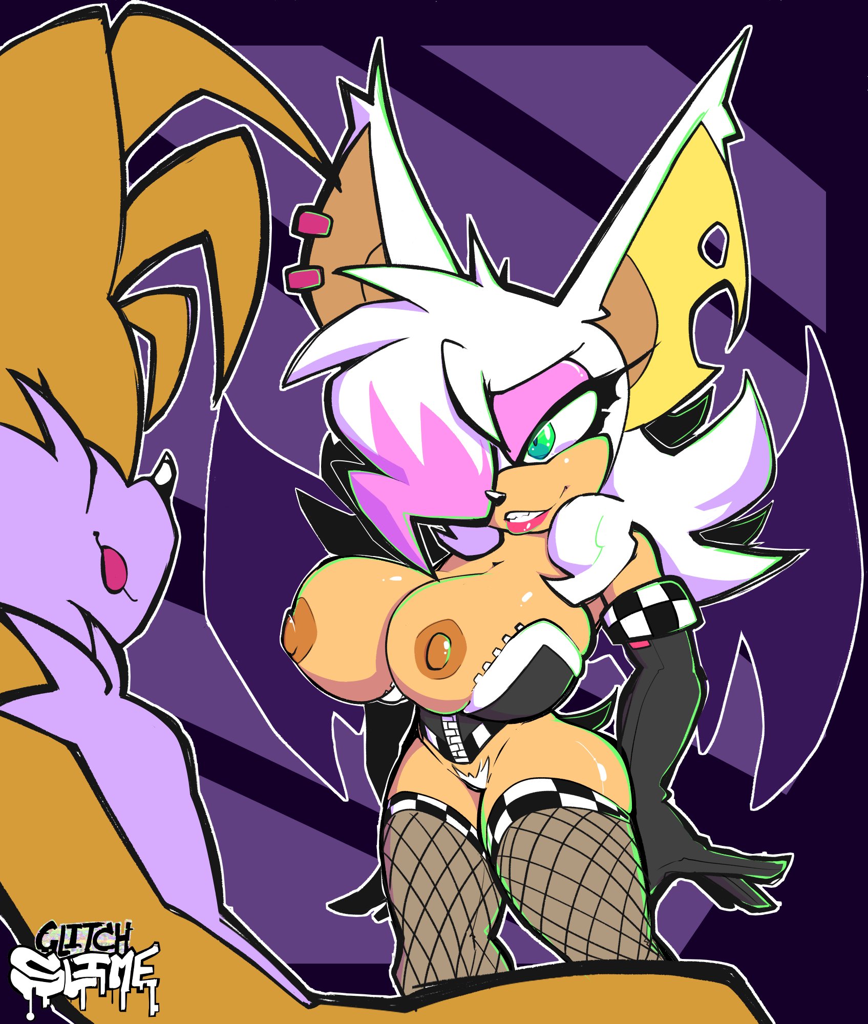 1boy, 1girls, anthro, bat, bigdad, blue eyes, boots, breasts, corset, darnact, ear piercing, exposed breasts, exposed pussy, female, fox, functionally nude, furry, goth, green eyes, hair over one eye, imminent sex, inviting, large breasts, large ears, lipstick, male, pink eyeshadow, pussy, rouge the bat, slimeglitch, smile, sonic (series), tails, tails the fox