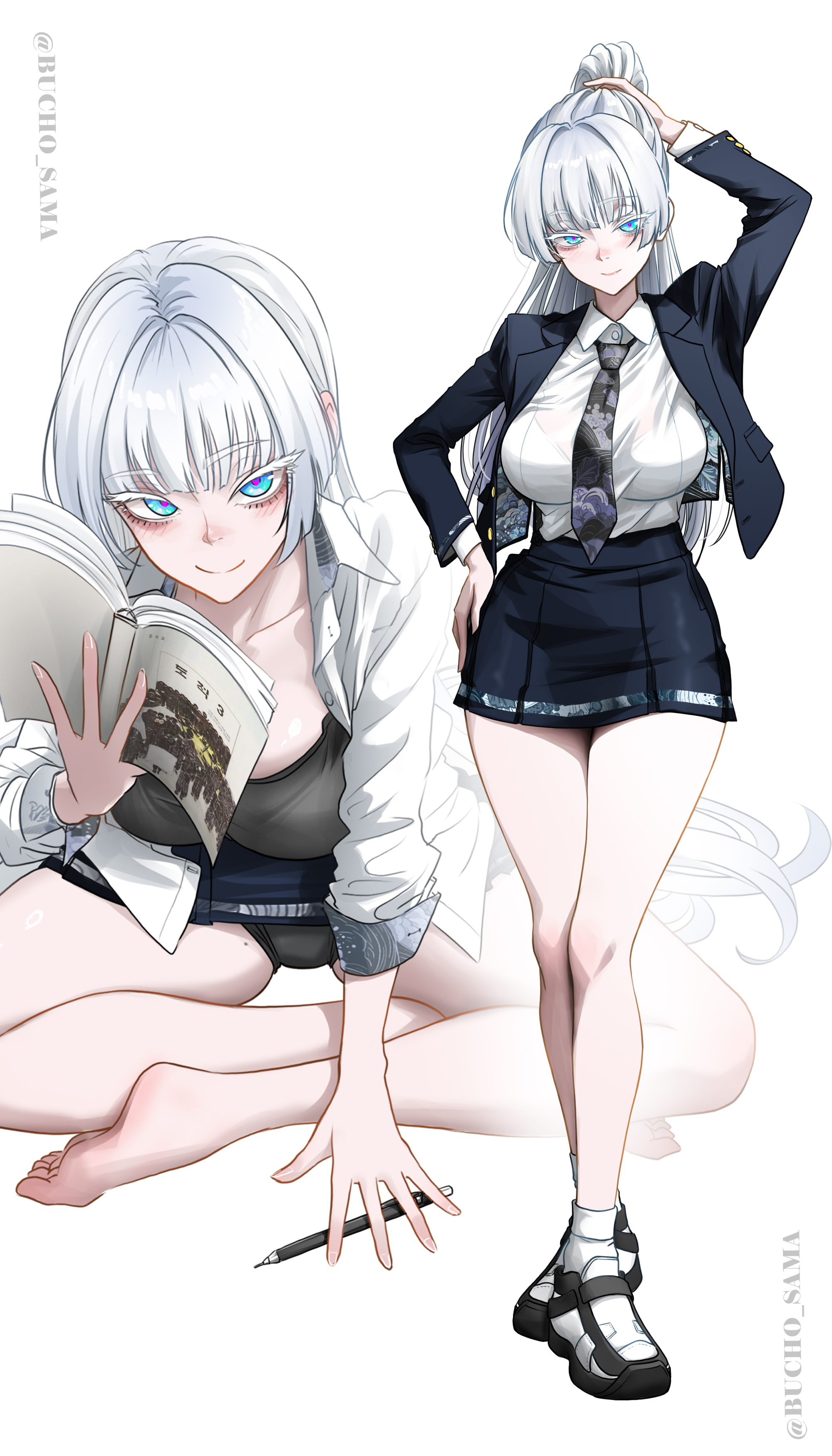 absurdres, alternate costume, blue eyes, bucho sama, colored eyelashes, commentary, english commentary, female, goddess of victory: nikke, highres, looking at viewer, mixed-language commentary, nayuta (nikke), school uniform, simple background, thick eyelashes, unusually open eyes, white background, white eyelashes