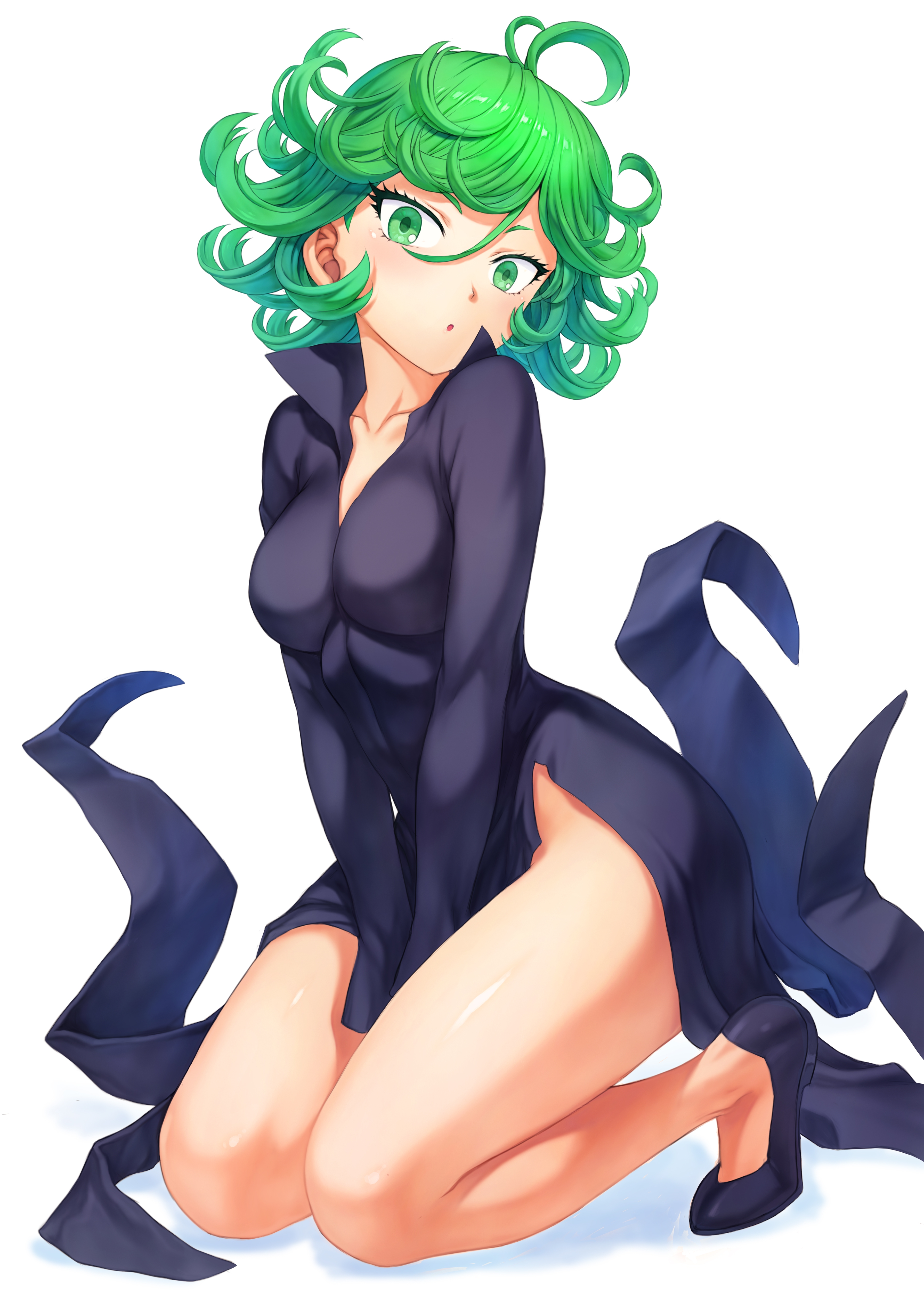 1girls, blush, breasts, color, female, female only, green eyes, green hair, highres, kneeling, legs, looking at viewer, mogudan, one-punch man, open mouth, pinup, seductive, short hair, simple background, solo, tagme, tatsumaki, thighs, white background, wide hips