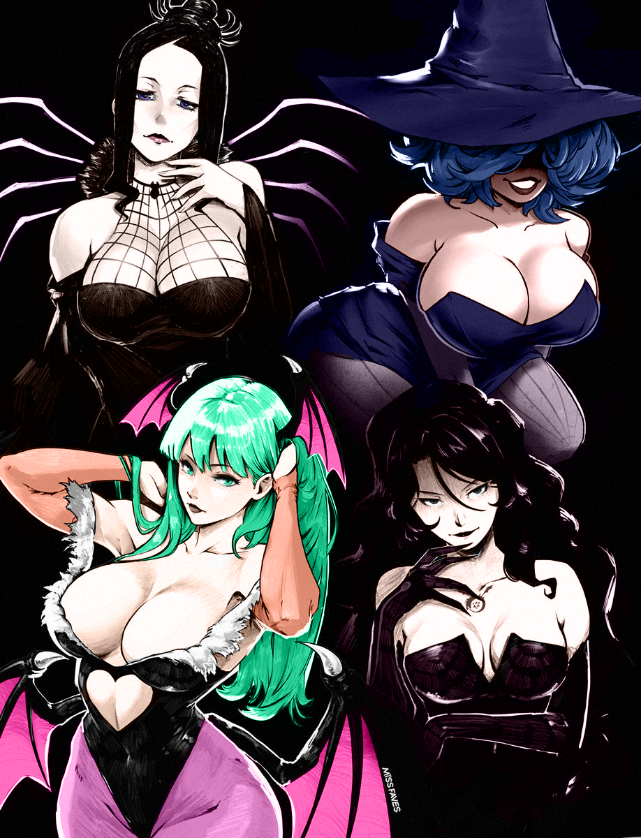 4girls, arachne gorgon, big breasts, black hair, black leotard, blue hair, breasts, cleavage, color edit, colored, colored sketch, colorization, colorshun, cordelia valentine, darkstalkers, dead estate, female, female only, females, fullmetal alchemist, green eyes, green hair, hat, head wings, homunculus, huge breasts, large breasts, leotard, long hair, lust (fullmetal alchemist), missfaves, morrigan aensland, multiple females, multiple girls, pantyhose, smile, soul eater, succubus, wings, witch hat