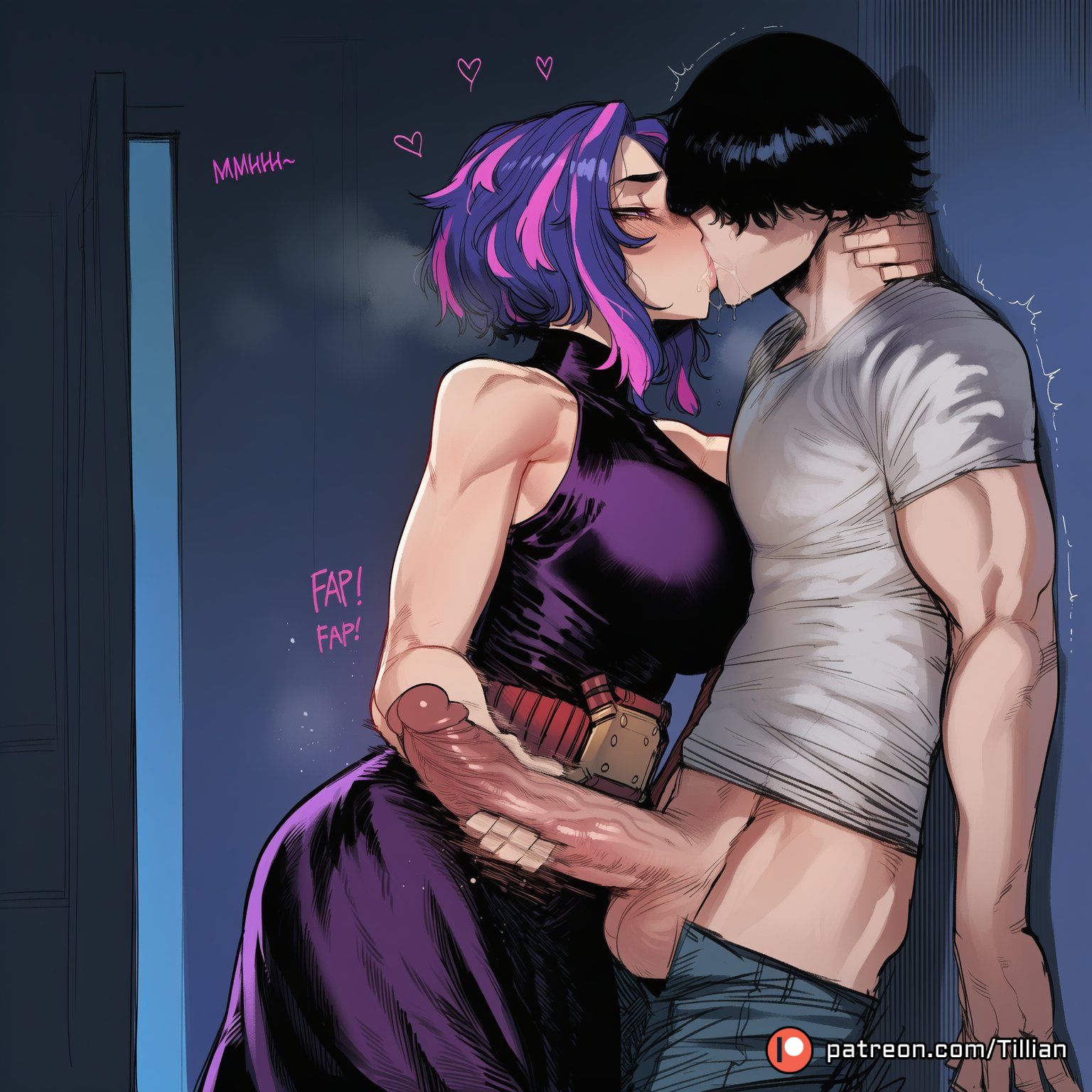 1boy, 1girls, against wall, ai generated, assertive female, balls, bare shoulders, black hair, blush, boku no hero academia, breast press, breasts, closed eyes, dress, erection, female, french kiss, hand on another's neck, handjob, heart, kissing, lady nagant, large breasts, large penis, male, multicolored hair, my hero academia, pants, penis, pink hair, purple dress, purple hair, shirt, short hair, sleeveless, sleeveless dress, straight, streaked hair, testicles, tillian, two-tone hair, uncensored, veins, veiny penis