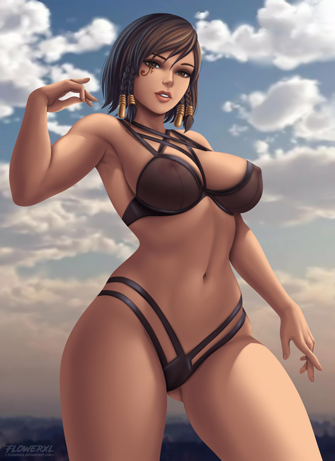 1girls, areolae, big breasts, bra, breasts, dark skin, dark-skinned female, female, female only, flowerxl, large breasts, lingerie, looking at viewer, nipples, overwatch, panties, pharah, solo