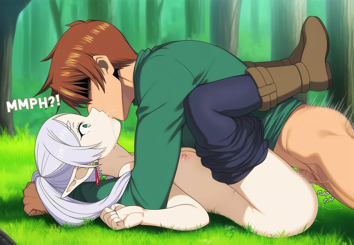 1boy, 1girls, ai generated, ai4fun, areolae, bare thighs, big penis, blush, bouncing ass, breasts, brown hair, crossover, curvaceous, curvy female, elf, elf ears, elf female, female, frieren, green eyes, huge cock, huge thighs, kissing, light skin, light-skinned female, light-skinned male, male, mature female, nipples, nude, nude female, penis, pussy, rance, rance (series), sex, small breasts, sousou no frieren, squatting, sweat, sweatdrop, thick thighs, thighhighs, thighs, twintails, vaginal penetration, white hair