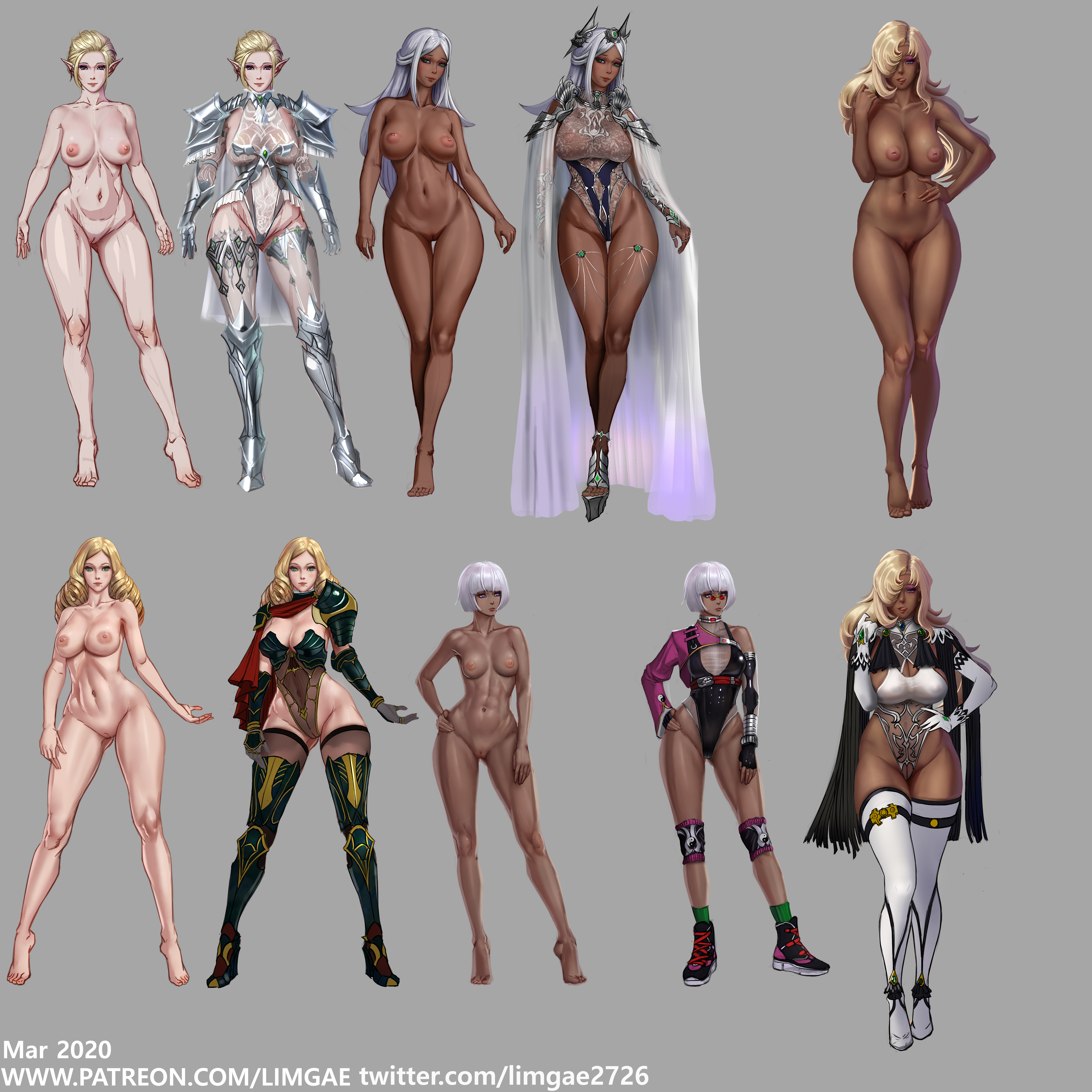 5girls, abs, absurdres, armor, blonde hair, breasts, cameltoe, cleft of venus, clothed, curly hair, cyan eyes, dark skin, dark-skinned female, elf, female, full body, glasses, green eyes, high resolution, highres, inverted nipples, jewelry, limgae, looking at viewer, looking away, makeup, mole, mole under eye, mole under mouth, multiple females, multiple girls, navel, nipples, nude, open mouth, partially visible vulva, pointy ears, purple eyes, pussy, simple background, sketch, tights, tongue, tongue out, uncensored, upper teeth, white hair