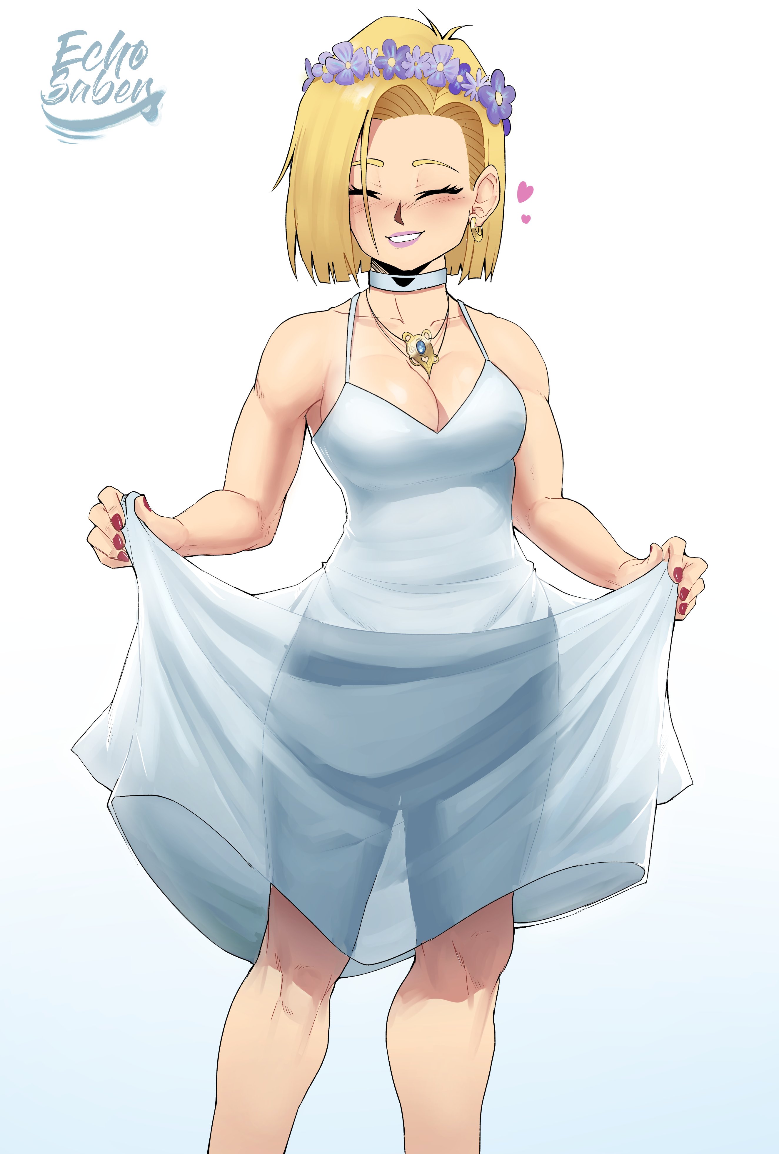 1girls, 2020, android, android 18, big breasts, blonde hair, blue eyes, blush, blushing, breasts, choker, closed eyes, dragon ball, dragon ball z, dress, dress lift, earring, earrings, echosaber, eyelashes, female, female only, flower, flower crown, flower in hair, fully clothed, hair down, hair over one eye, hair strand, hearts, humanoid, lipstick, necklace, open mouth, red nail polish, red nails, smiling, wedding dress, white background, white dress