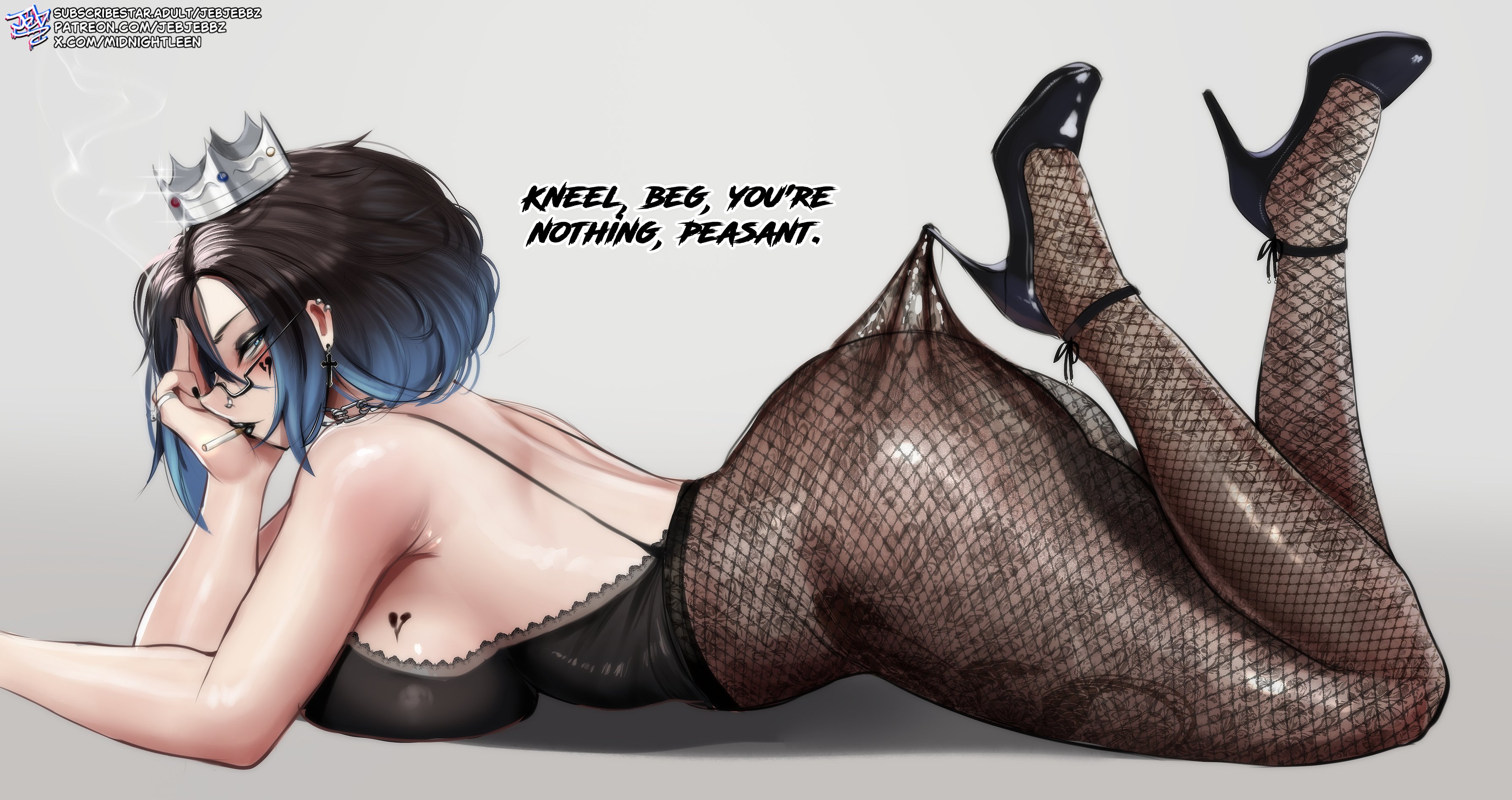 1girls, armpits, big ass, big breasts, breasts, chains, cross earrings, crown, female, fishnet legwear, fishnets, glasses, goth, goth girl, heels, high heels, jebjebbz, lace pantyhose hooked on heel (meme), looking at viewer, mayleen (jebjebbz), nose piercing, original, pantyhose, pantyhose pull, pov eye contact, ring, seductive look, smoke, smoking, tattoo on breast, tattoo on cheek, tattoo on legs, tattoos, two-tone hair