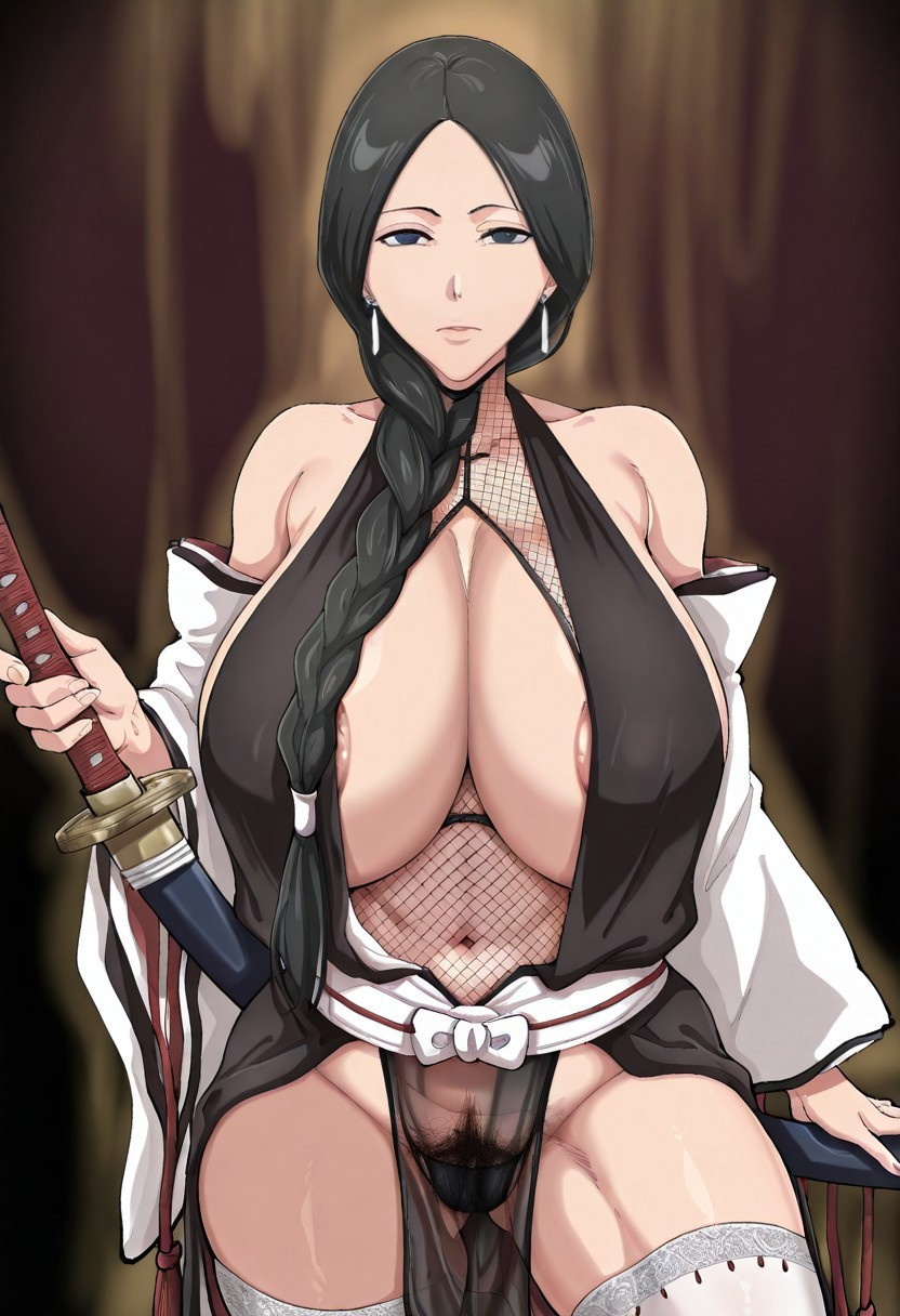 ai assisted, ai generated, big breasts, black eyes, black hair, bleach, braided hair, braided ponytail, breasts, female, milf, ponytail, pubic hair, tagme, tied hair, unohana retsu