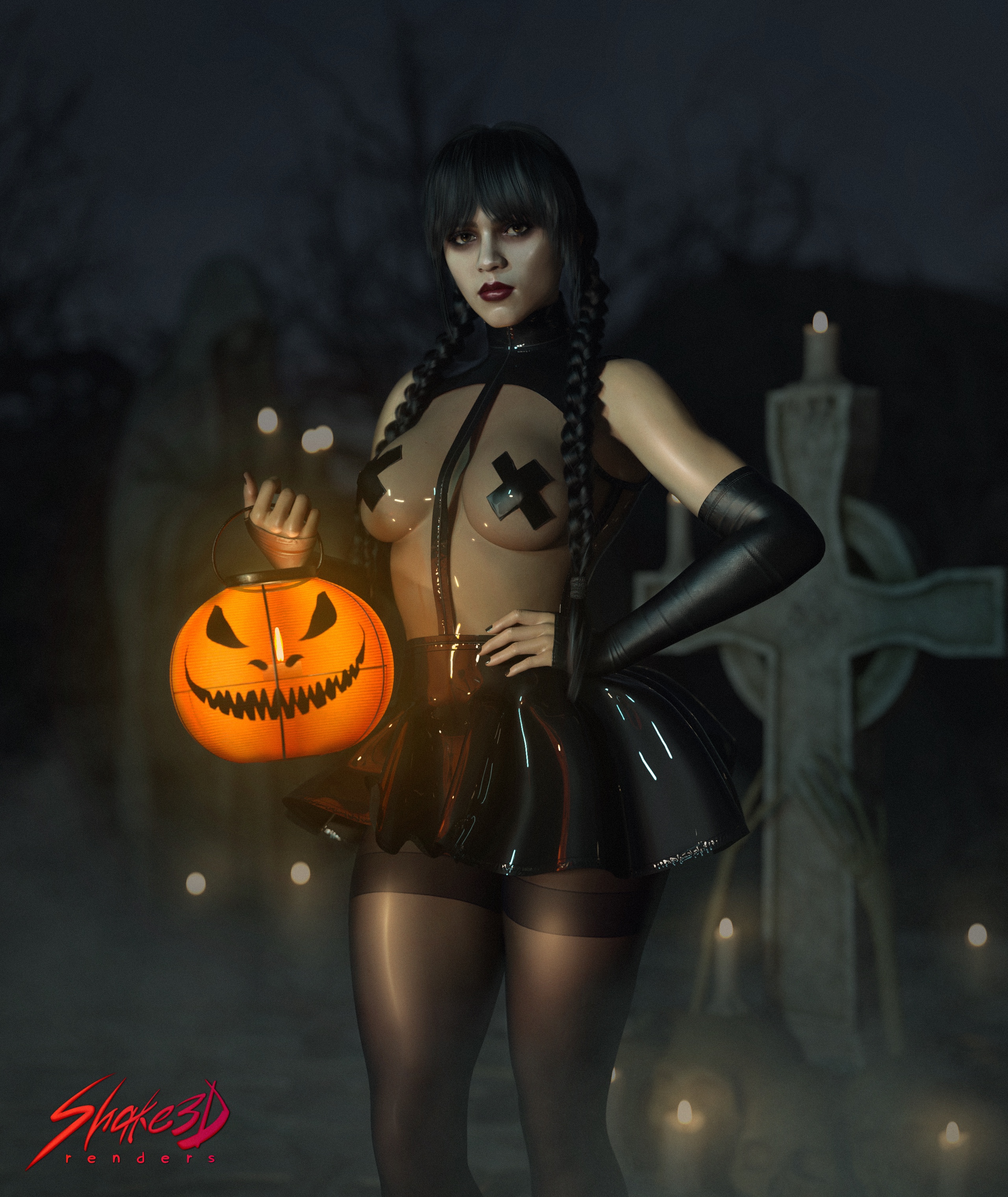 3d, black hair, black skirt, female, female focus, goth, goth girl, halloween, jenna ortega, long hair, netflix, pale skin, pale-skinned female, shake3d, skirt, tagme, the addams family, trick or treat, wednesday (netflix), wednesday addams