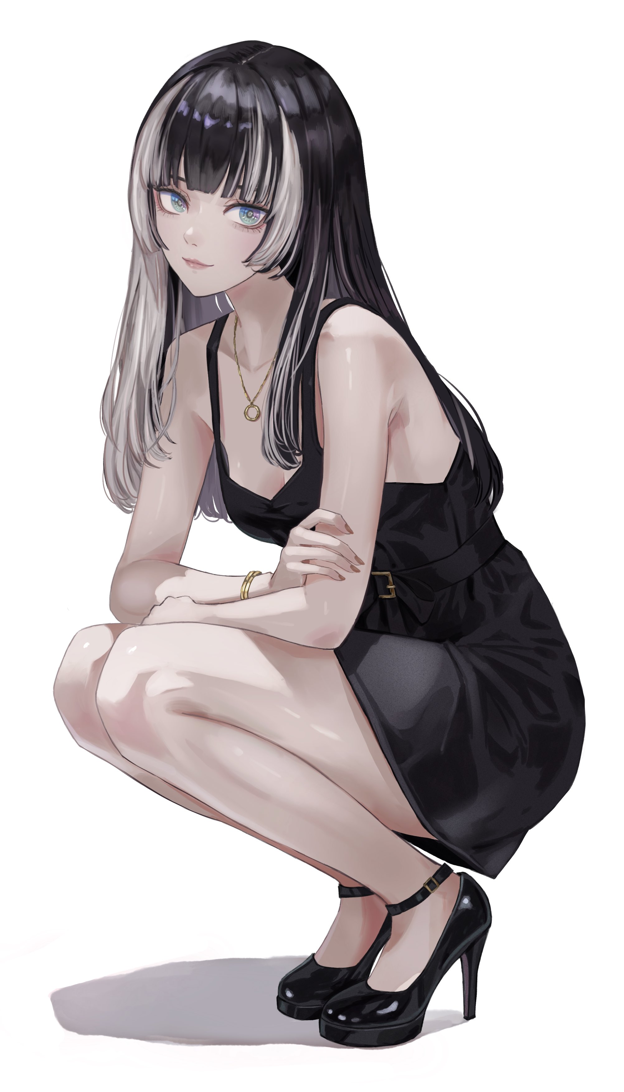 absurdres, alternate costume, ankle strap, armpit crease, bare legs, bare shoulders, black dress, black hair, black shoes, blue eyes, blunt bangs, bracelet, breasts, cleavage, crossed arms, dhbwinner, dress, female, hashtag-only commentary, high heels, highres, hime cut, hololive, hololive dev is, hololive regloss, jewelry, juufuutei raden, legs, long hair, looking at viewer, medium breasts, multicolored hair, necklace, pink lips, revision, shadow, shoes, simple background, sleeveless, sleeveless dress, solo, squatting, strappy heels, two-tone hair, virtual youtuber, white background, white hair