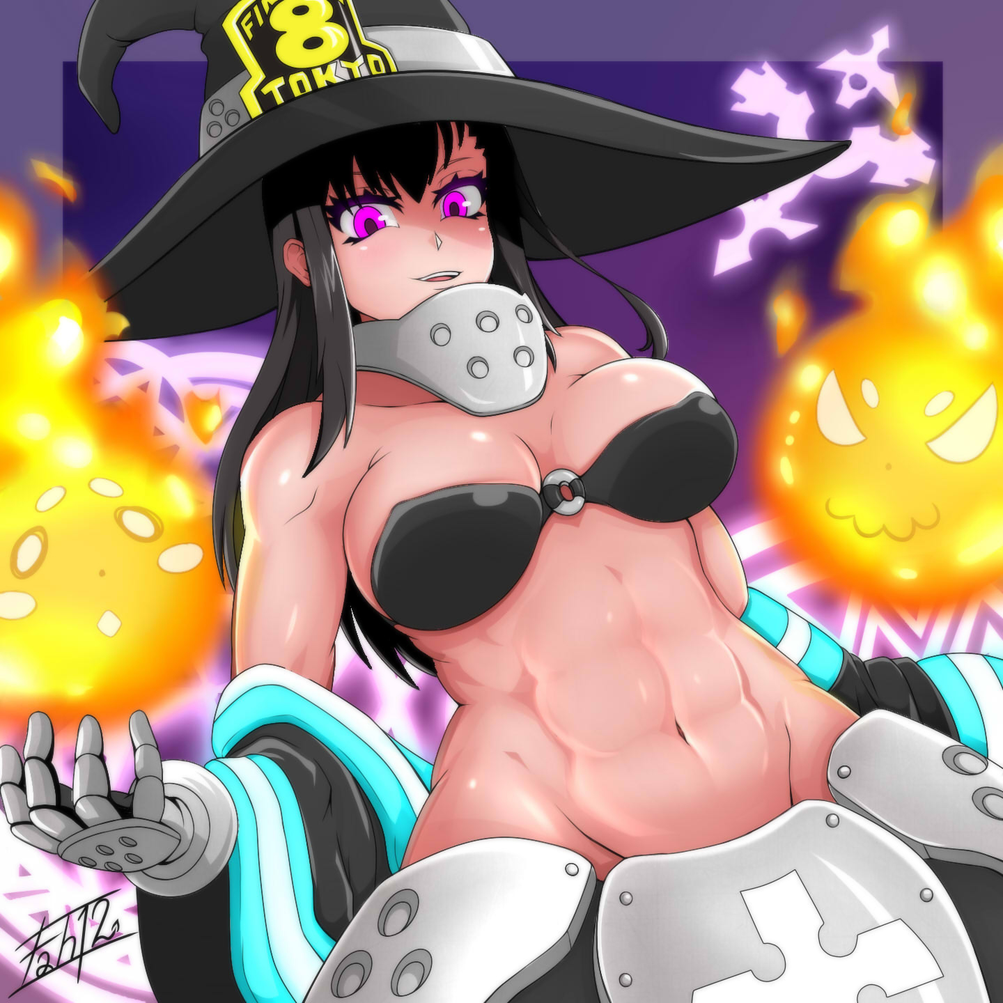 big breasts, black hair, breasts, enen no shouboutai, female, female only, fire force, long hair, nipples, oze maki, solo, solo female, solo focus