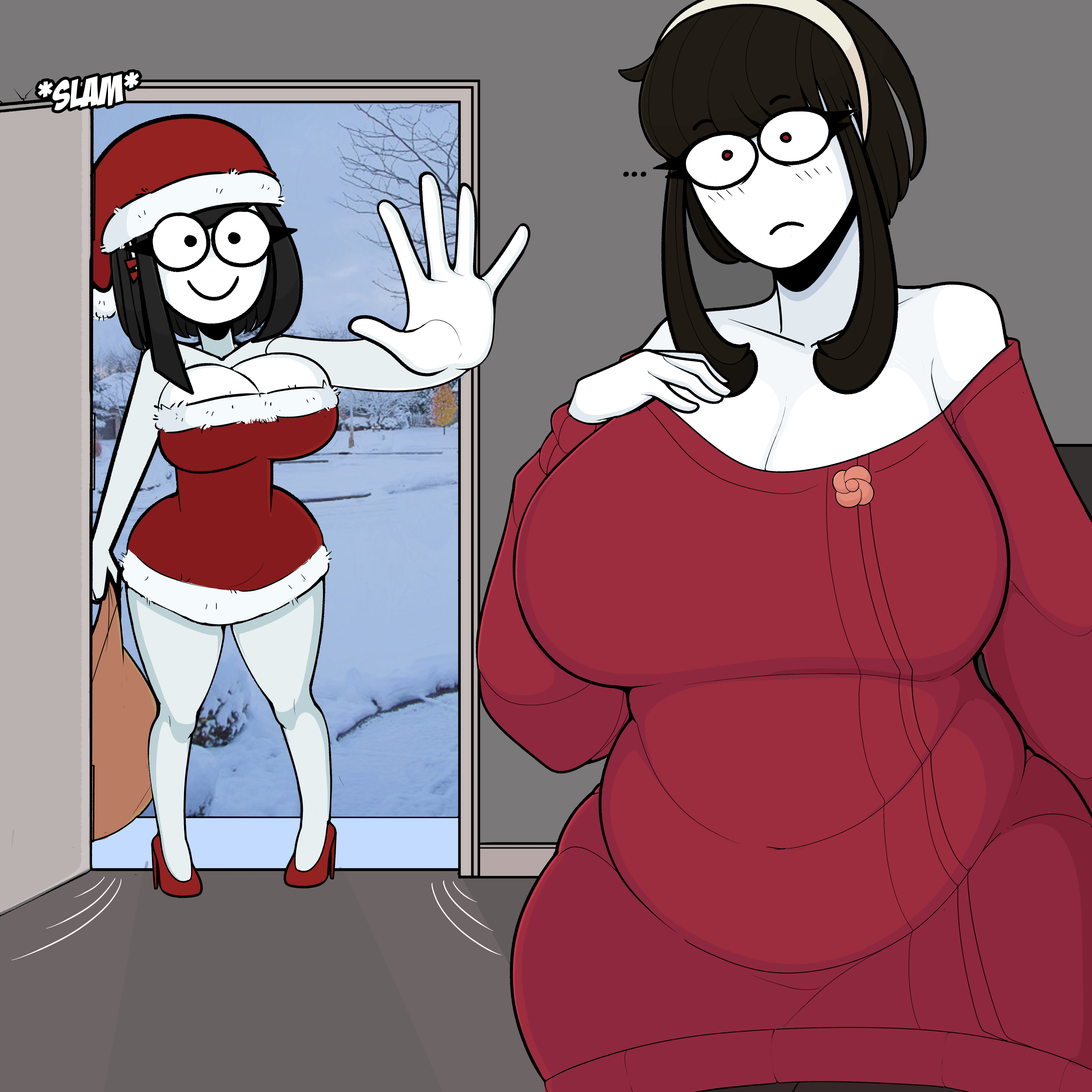 1:1, 2girls, alternate version available, big breasts, black hair, breasts, busty, clothing, cosplay, daughter, female, female only, goth, goth girl, hat, hi res, highres, huge breasts, indoors, large breasts, milf, mother, mother and daughter, multiple females, multiple girls, original, red eyes, saltynoodles, santa hat, slightly chubby, slightly chubby female, smile, solo, spy x family, text, thick thighs, thunder thighs, veronica (saltynoodles), veronica's mother (saltynoodles), wide hips, wig, yor briar (cosplay), yor forger (cosplay)