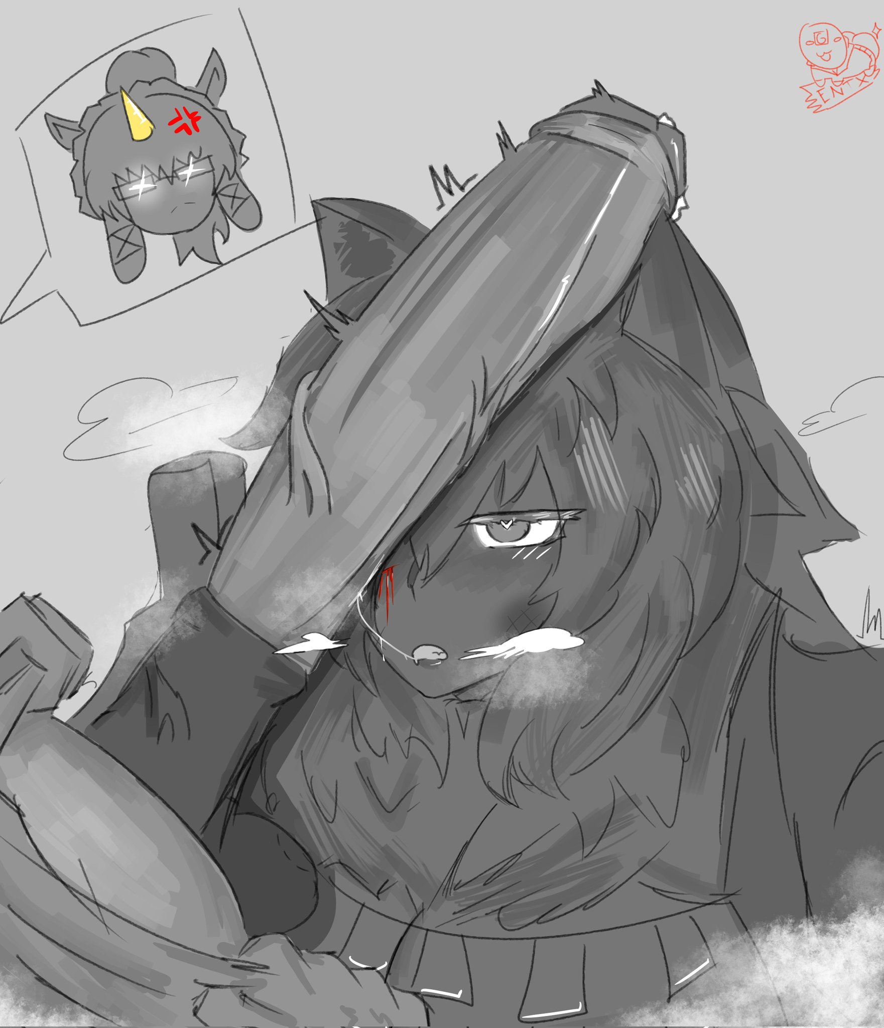 balls, bite mark, bite mark on balls, black souls, black souls 2, blood drip, condensation, entexion, futanari, heart-shaped pupils, horn, horse penis, horsecock, horsecock futa, horsecock on humanoid, intersex, leiden (black souls), lion ears, penis, penis on face, saliva, saliva string, scratch marks, unicorn horn, unis (black souls)
