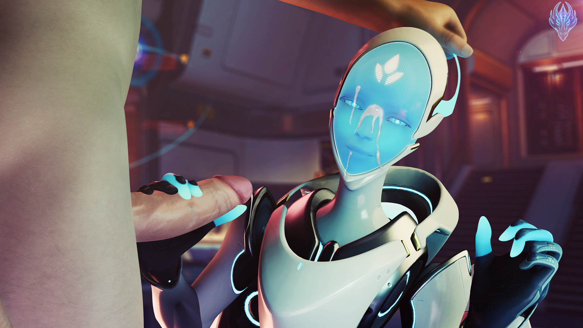 1boy, 1girls, 3d, blender, cum, cum on face, echo (overwatch), erection, facial, female, its-gergless, looking at viewer, male, overwatch, overwatch 2, penis, straight, unseen male face