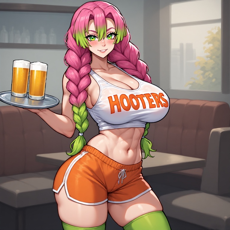 ai, ai art, ai assisted, ai generated, ai-created, anime, anime style, beer, big breasts, breasts, demon slayer, female, green eyes, green stockings, hooters, hooters uniform, kanroji mitsuri, kimetsu no yaiba, massive breasts, minishorts, mitsuri kanroji, muscle mommy, muscles, muscular female, perchance ai, pink hair, restaurant, sexy, sexy body, sexy girl, sexy pose, stockings