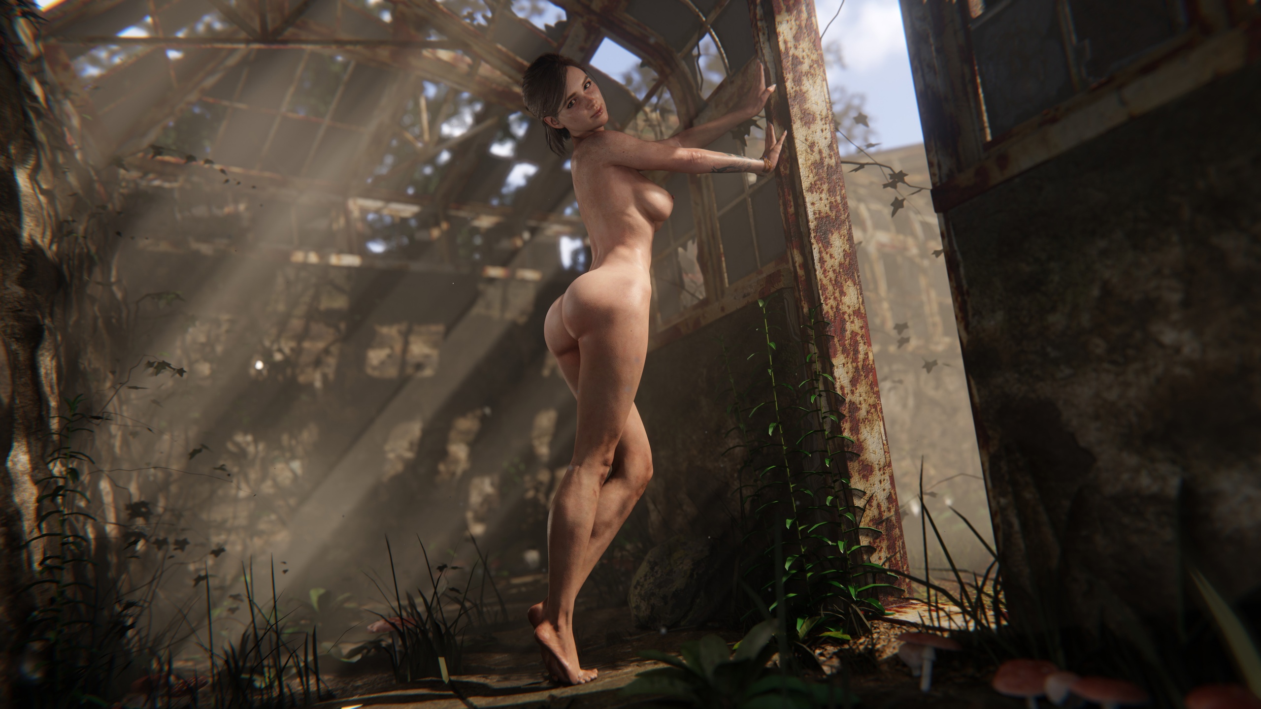 3d, 3d (artwork), alternate breast size, alternate breast size (larger), alternate version available, areolae, breasts, brown hair, casual nudity, casuel, collarbone, completely nude, completely nude female, ellie (the last of us), ellie williams, feet, female, female focus, female only, freckles, front view, human, naughty dog, navel, nude female, pale skin, short hair, solo, solo female, solo focus, standing, strauzek, tattoo, the last of us, the last of us 2, tied hair