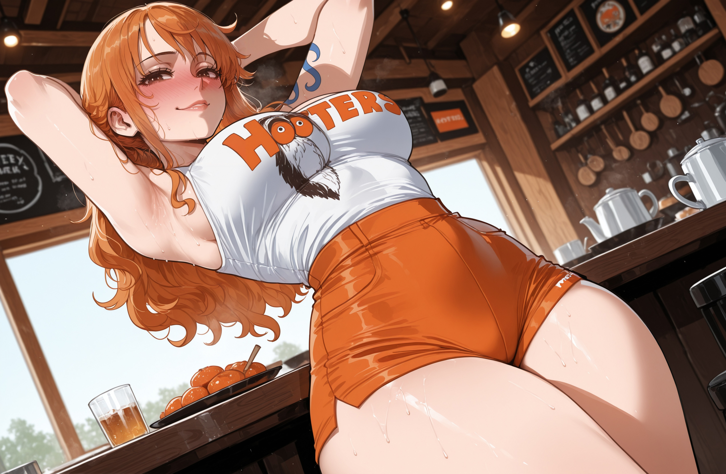 1girls, ai generated, alcohol, arm tattoo, armpits, arms behind head, arms up, bangs, bar (place), bare shoulders, blue tattoo, blush, breasts, brown eyes, closed mouth, clothing, counter, cup, curvaceous, curvaceous female, curvaceous figure, curvy, curvy figure, drinking glass, dutch angle, female, female focus, female only, food, from below, hooters, hooters uniform, indoors, inviting, inviting to sex, large breasts, lips, long hair, looking at viewer, miyuai, mug, nami (one piece), no legwear, one piece, orange eyes, orange hair, orange shorts, orange-haired female, plate, presenting, presenting ass, presenting breasts, presenting hindquarters, presenting pussy, presenting self, pussy, seductive, seductive look, seductive smile, shirt, short shorts, shorts, shoulder tattoo, sideboob, sleeveless, sleeveless shirt, smile, solo, sweat, tank top, tattoo, thick thighs, thighs, uniform, voluptuous, voluptuous female, waitress, wavy hair