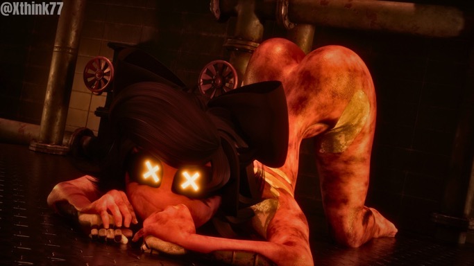 1girls, ass in air, ass up, barefoot, black bow, black hair, boiler room, bow, cyn (bysamzan), cyn (murder drones), cyntessa (murder drones), female, female focus, female only, glitch productions, hair bow, hairbow, murder drones, naked, naked female, nightmare waifu, nude, nude female, robot, robot girl, robot humanoid, skinsuit, tanned skin, watermark, x-shaped pupils, xthink77, yellow eyes, yellow eyes female