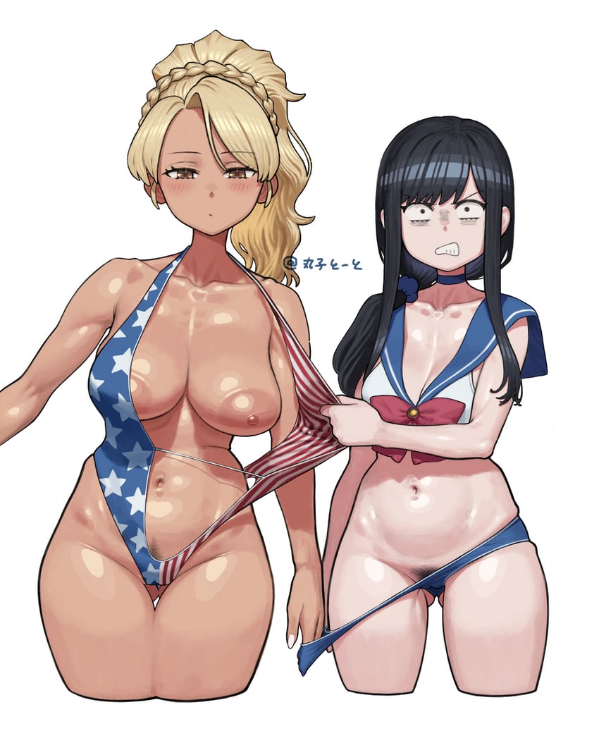 2girls, american flag bikini, big breasts, big thighs, blonde hair, breasts, brown skin, brown skinned female, dark skin, fair-skinned female, female, food court de mata ashita, gyaru, large breasts, maruko tooto, medium breasts, one-piece swimsuit, petite, sailor moon (cosplay), tan body, wada (food court), yamamoto (food court)