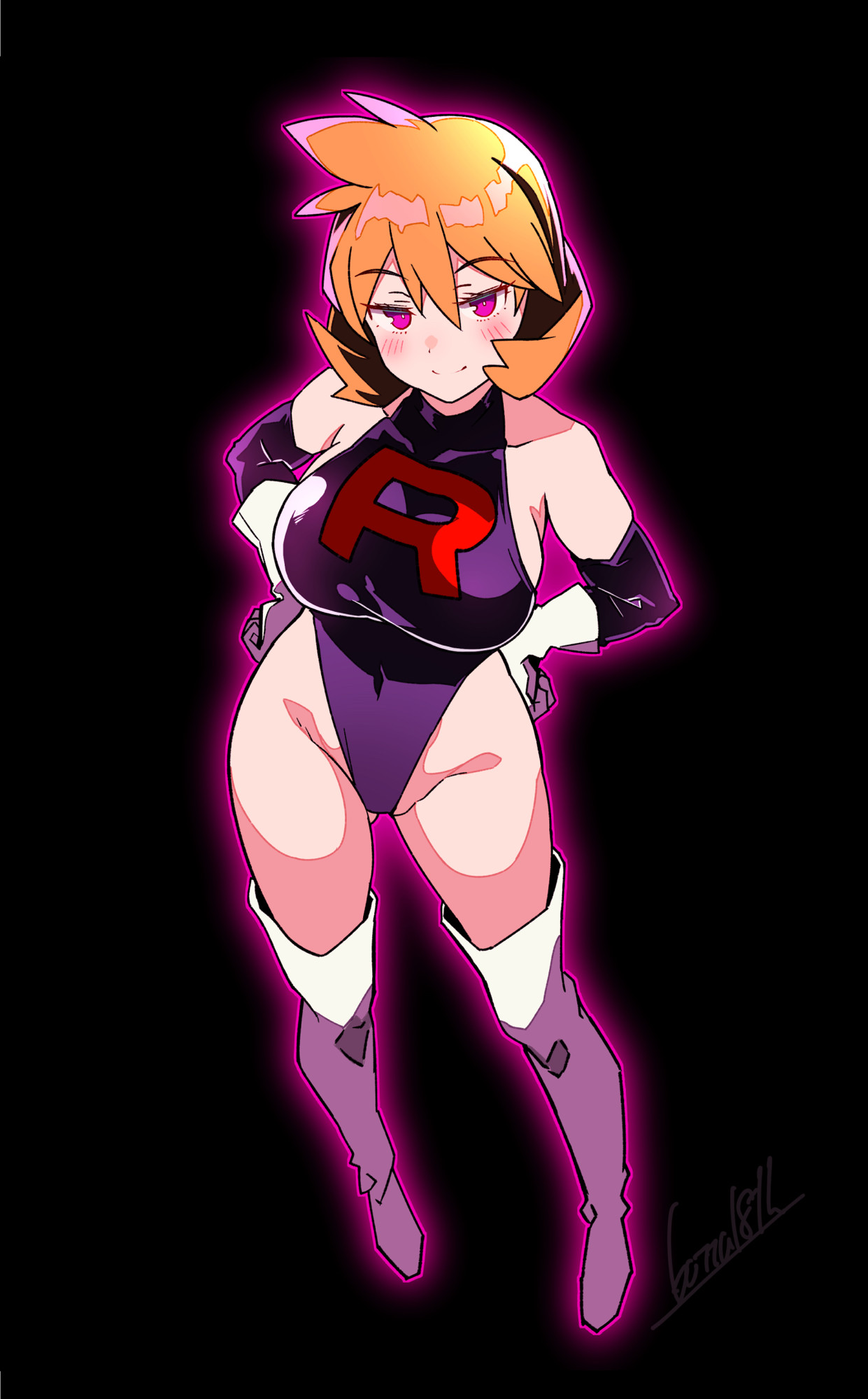 1girls, bare shoulders, batta 16-sei, black background, blush, boots, breasts, closed mouth, corruption, cosplay, covered navel, elbow gloves, enemy conversion, female, full body, game freak, gloves, hair between eyes, hands on own hips, highleg, highleg leotard, highres, kasumi (pokemon), large breasts, leotard, looking at viewer, misty (pokemon hgss), nintendo, orange hair, pink eyes, pokemon, pokemon hgss, purple eyes, purple leotard, short hair, simple background, smile, solo, standing, team rocket, team rocket uniform, thigh boots, thighhighs, thighs, white gloves