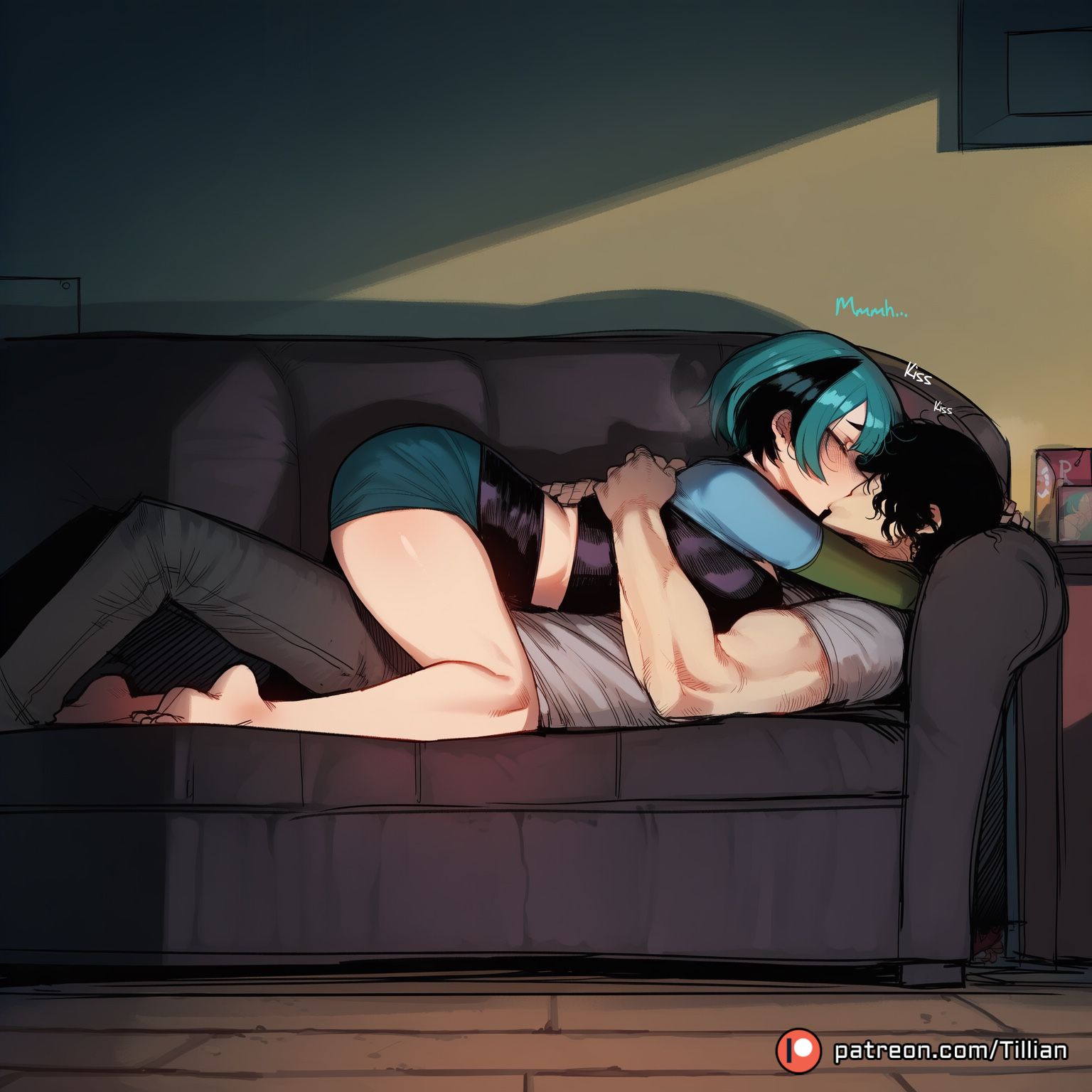 1boy, ai generated, artist name, barefoot, black hair, blue hair, blue shirt, blush, breasts, cartoon network, closed eyes, couch, cowgirl position, eyeless male, female, from side, glasses, green hair, grey shirt, gwen (tdi), hairband, hug, indoors, kissing, lying, male, multicolored hair, on back, on couch, pants, patreon logo, patreon username, shirt, short hair, short shorts, short sleeves, shorts, straight, tillian, total drama island, two-tone hair