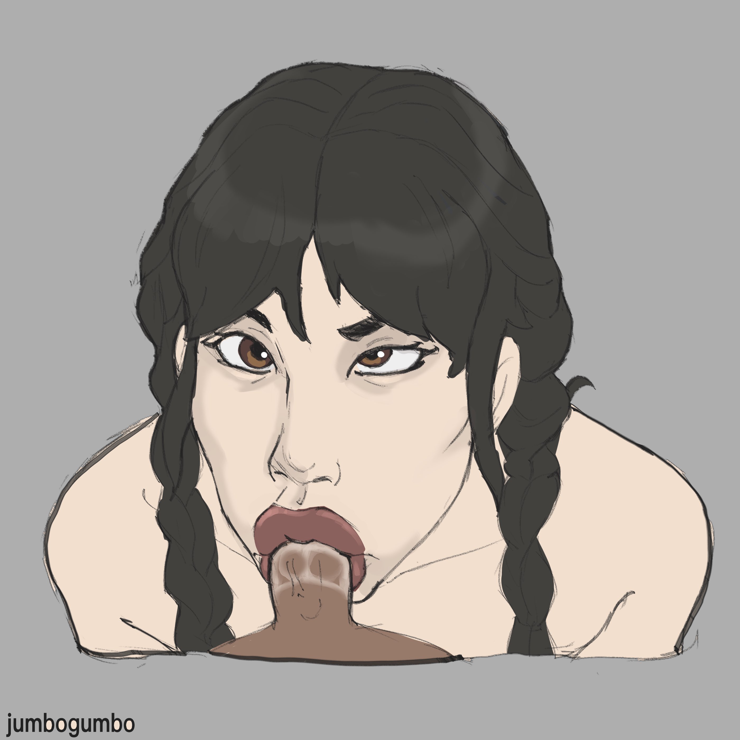 1boy, 1girls, 2d, bare shoulders, black hair, blowjob, dark-skinned male, fellatio, female, female focus, fortnite, goth, goth girl, jenna ortega, jumbogumbo, long hair, male, netflix, pale skin, pale-skinned female, penis, sex, tagme, the addams family, twin braids, wednesday (netflix), wednesday addams, wednesday addams (fortnite)