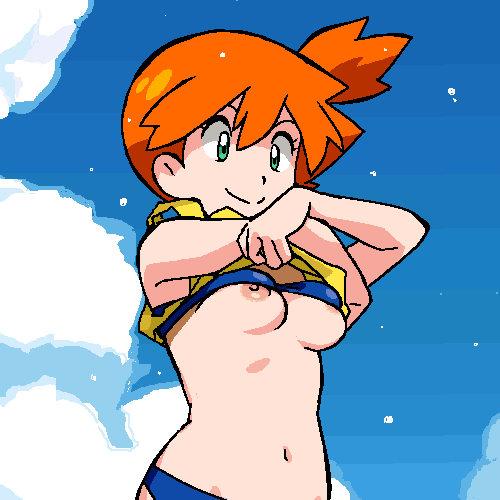 1girls accidentally alternate_outfit breasts gomatarou green_eyes human kasumi_(pokemon) lifting_skirt nintendo nipples orange_hair pokemon smile