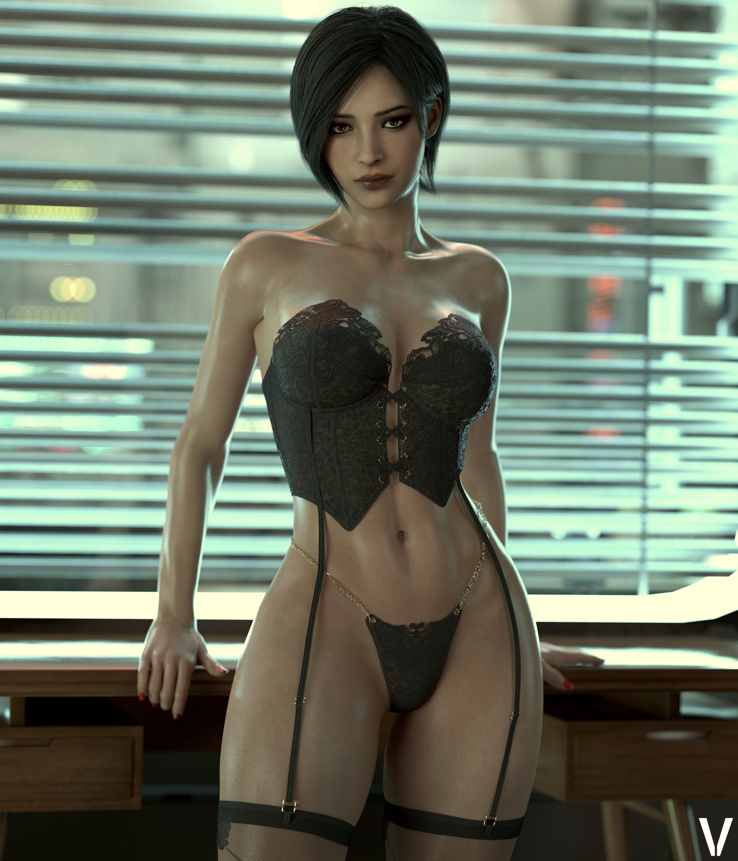 1girls, 2025, 3d, 3d (artwork), ada wong, ada wong (adriana), athletic, black hair, brown eyes, eye contact, female, female only, garter belt, glossy skin, indoors, legs, lingerie, lipstick, looking at viewer, makeup, resident evil, resident evil 4, resident evil 4 remake, short hair, solo, stockings, thick thighs, thighs, underwear, vyse red