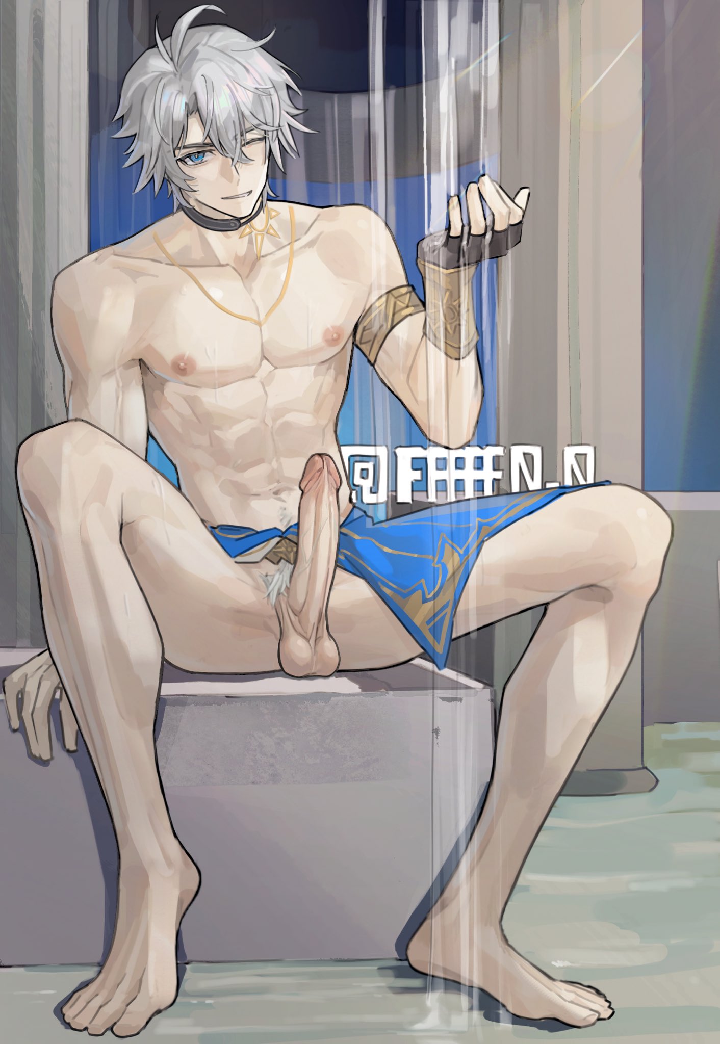 1boy, abs, erect penis, erection, fffff0 0, half naked, half-dressed, honkai: star rail, male, male focus, male only, nipples, penis, phainon (honkai: star rail), tagme