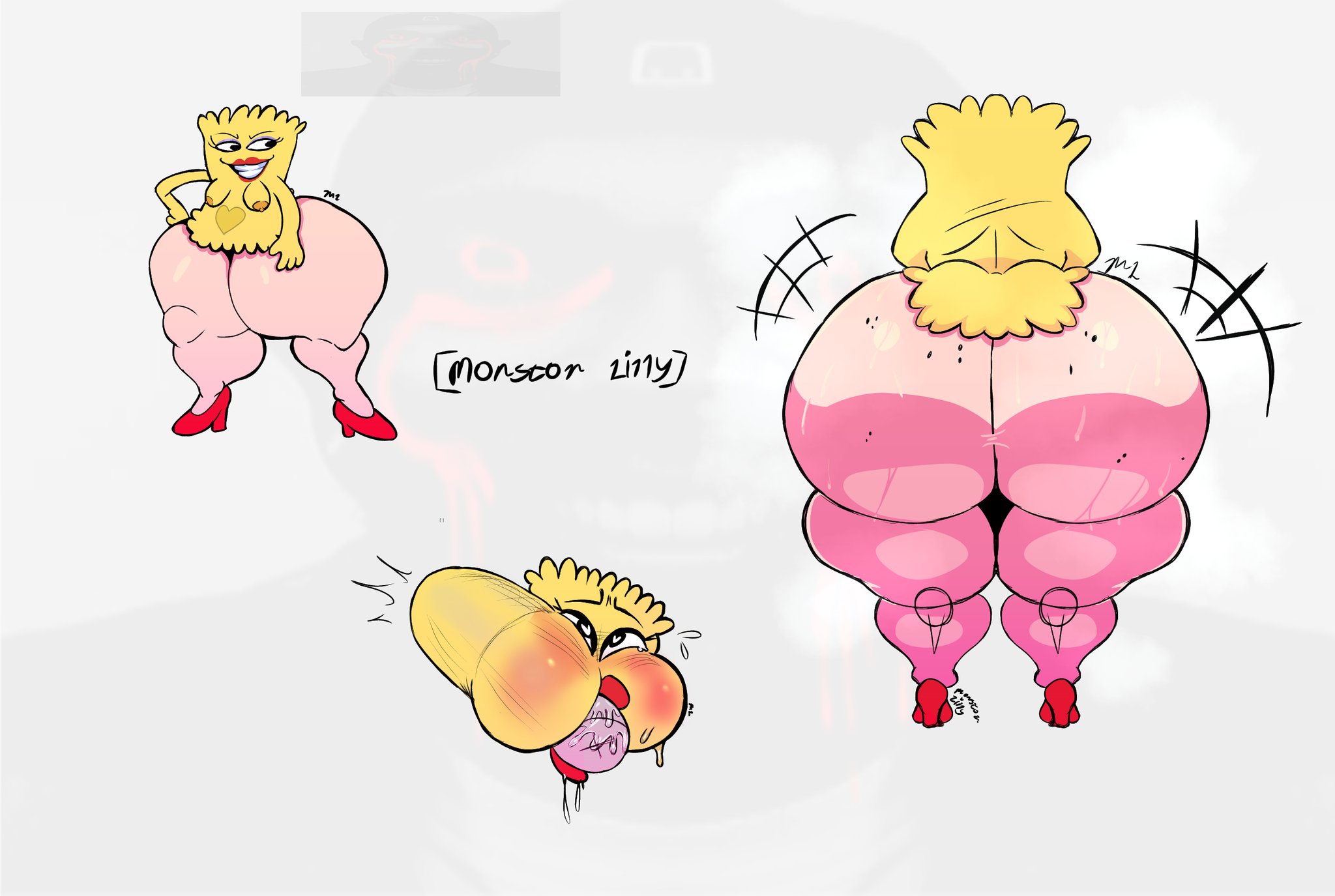 animate inanimate, back view, balls in mouth, blowjob, breasts, disembodied penis, exaggerated anatomy, female, huge ass, huge butt, huge thighs, hyper, hyper ass, hyper butt, hyper hips, hyper thighs, lipstick, makeup, male, massive ass, massive hips, massive thighs, monstorlilly, mustard, mustard (smiling friends), penis, smiling friends, sucking penis