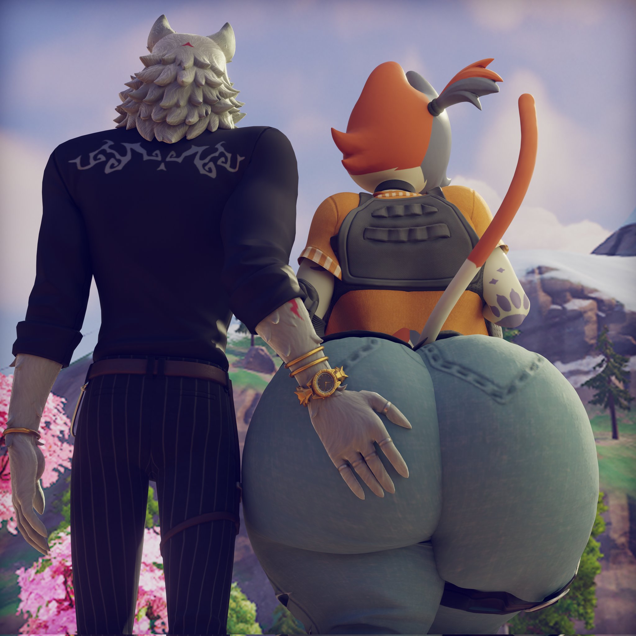 1boy1girl, 3d, 3d (artwork), anthro, big ass, canid, canine, canis, cate meowdy (fortnite), ctgiantess, felid, feline, female, fletcher kane, fortnite, fortnite: battle royale, huge ass, hyper ass, male, tagme, wide hips, wolf