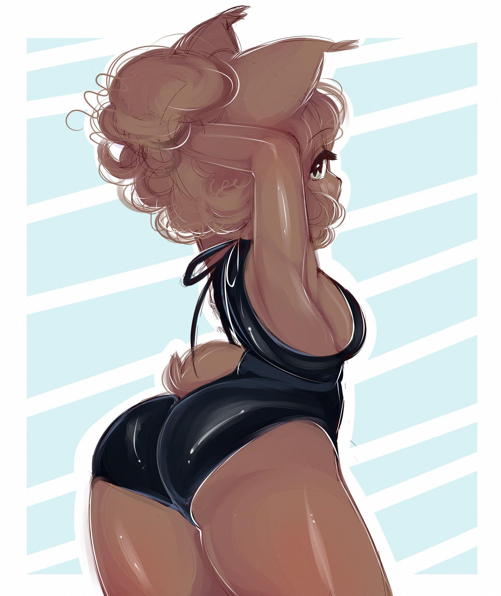 animal ears, animal tail, animation meme community, anthro, anthro female, anthro focus, anthro only, arms up, big ass, big breasts, breasts, brown fur, brown hair, curly hair, darcie (yeagar), feline, feline ears, feline tail, female, female anthro, female only, furry, furry female, furry only, green eyes, hands in hair, hands up, looking back, lynx, lynx ears, lynx girl, lynx tail, medium hair, one-piece swimsuit, rear view, sideboob, simple background, smash, solo, solo anthro, solo female, swimsuit, thick thighs, wide hips, yeagar, youtube, youtuber, youtuber girl