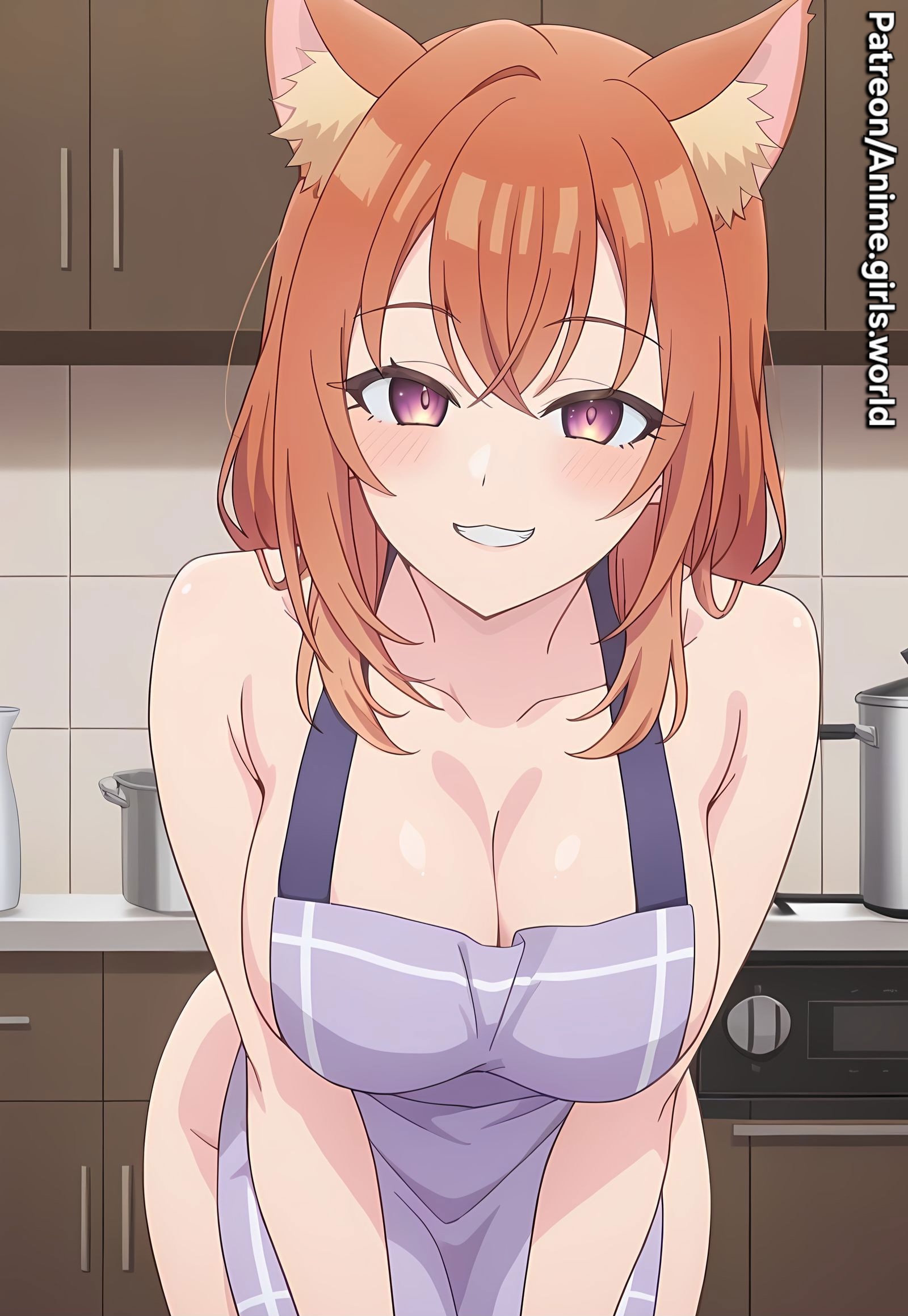 1girls, ai generated, apron, apron only, bare shoulders, brown eyes, brown hair, cat ears, chest, female, iroha kohinata, kitchen, kohinata iroha, seductive, seductive eyes, seductive look, seductive pose, seductive smile, smile, tomodachi no imouto ga ore ni dake uzai