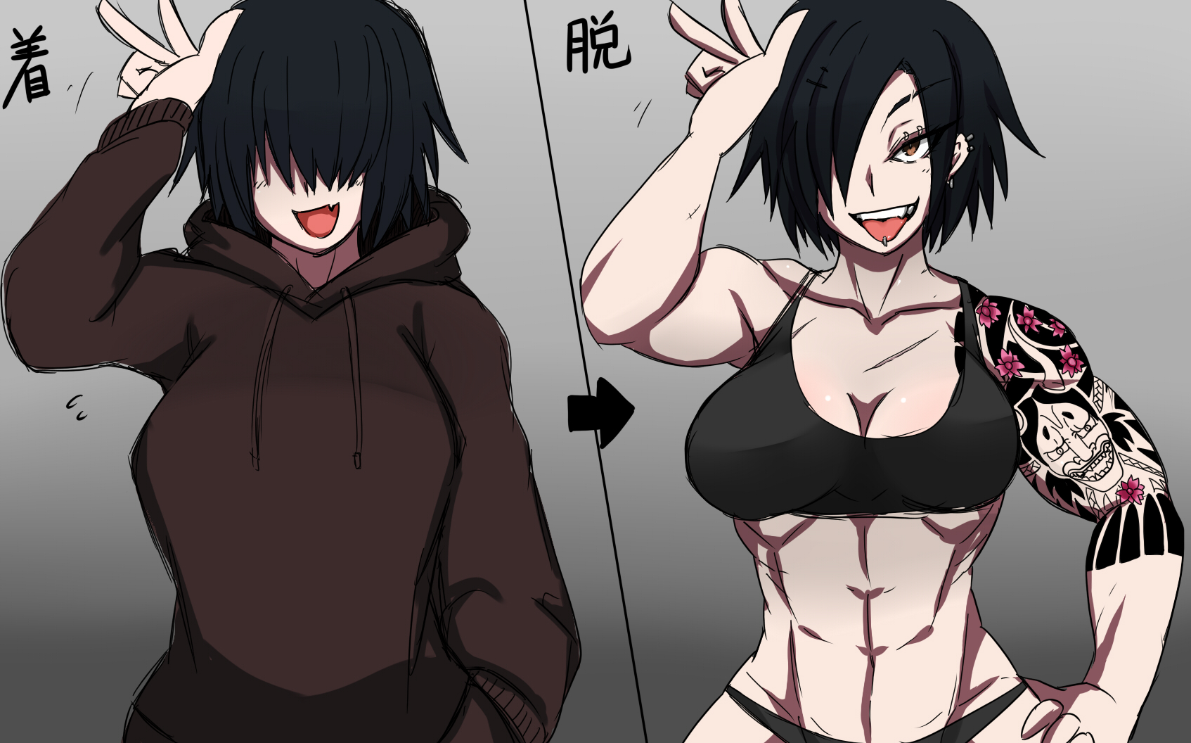 1girls, 2020, abs, black hair, breasts, brown eyes, clothing, ear piercing, eyebrow piercing, female, grey background, hair over one eye, hoodie, looking at viewer, muscular, muscular female, on/off, original character, piercing, short hair, solo, sports bra, tattoo, text, toned, tongue, tongue piercing, white skin, yusuke2176
