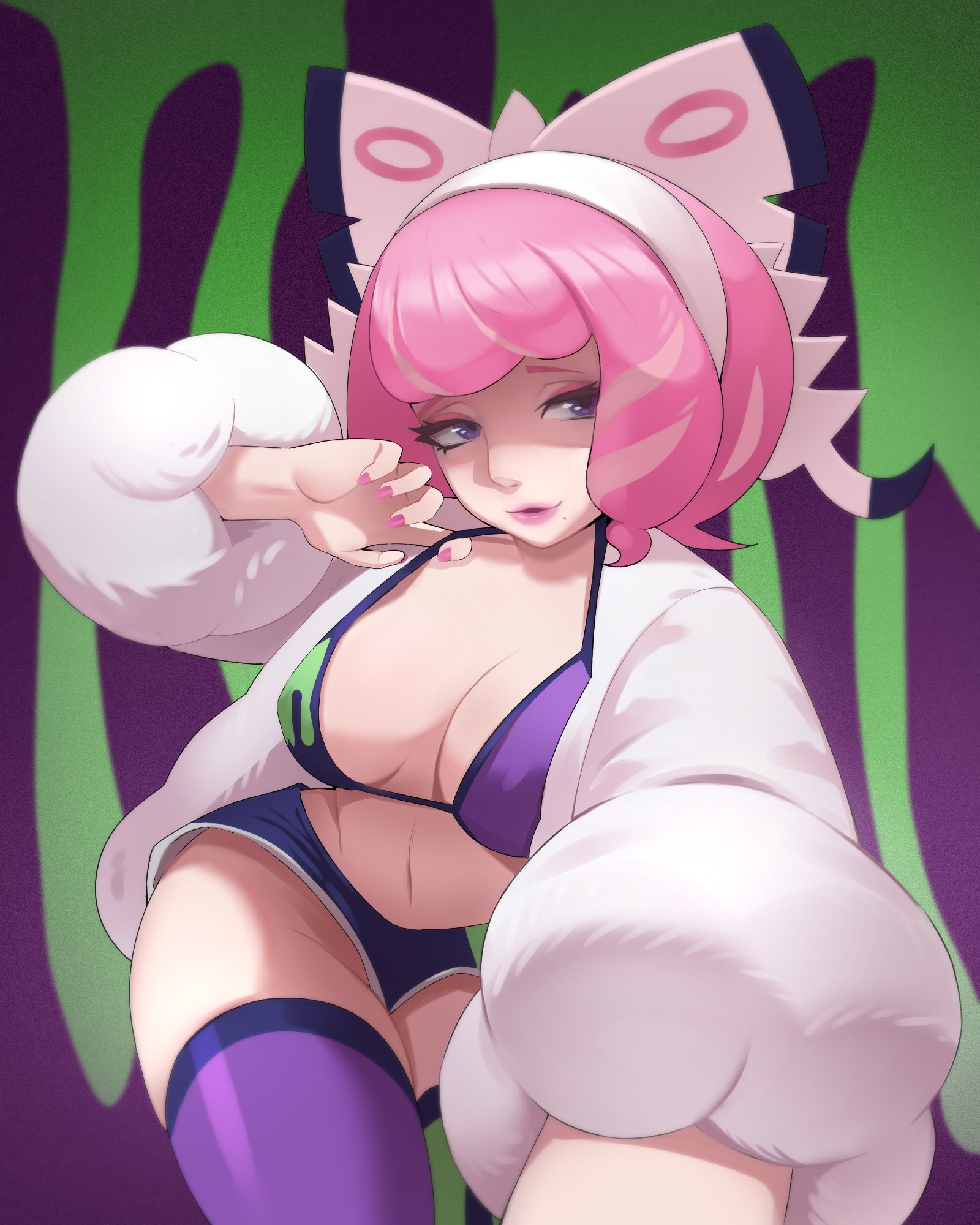 asymmetrical bikini, asymmetrical legwear, bow, breasts, drill hair, drill sidelocks, eyeshadow, female, female only, flipped hair, fur jacket, hairband, hairbow, highres, jacket, kaerujj, klara (pokemon), kurara (pokemon), large breasts, makeup, medium breasts, mismatched legwear, mole, mole under mouth, multicolored thighhighs, nintendo, pink eyeshadow, pink hair, pink lips, pink nails, pokemon, pokemon swsh, print shorts, purple eyes, shaded face, short hair, shorts, side slit, side slit shorts, sidelocks, smile, solo, two-tone shorts, two-tone thighhighs, white bow, white hairband